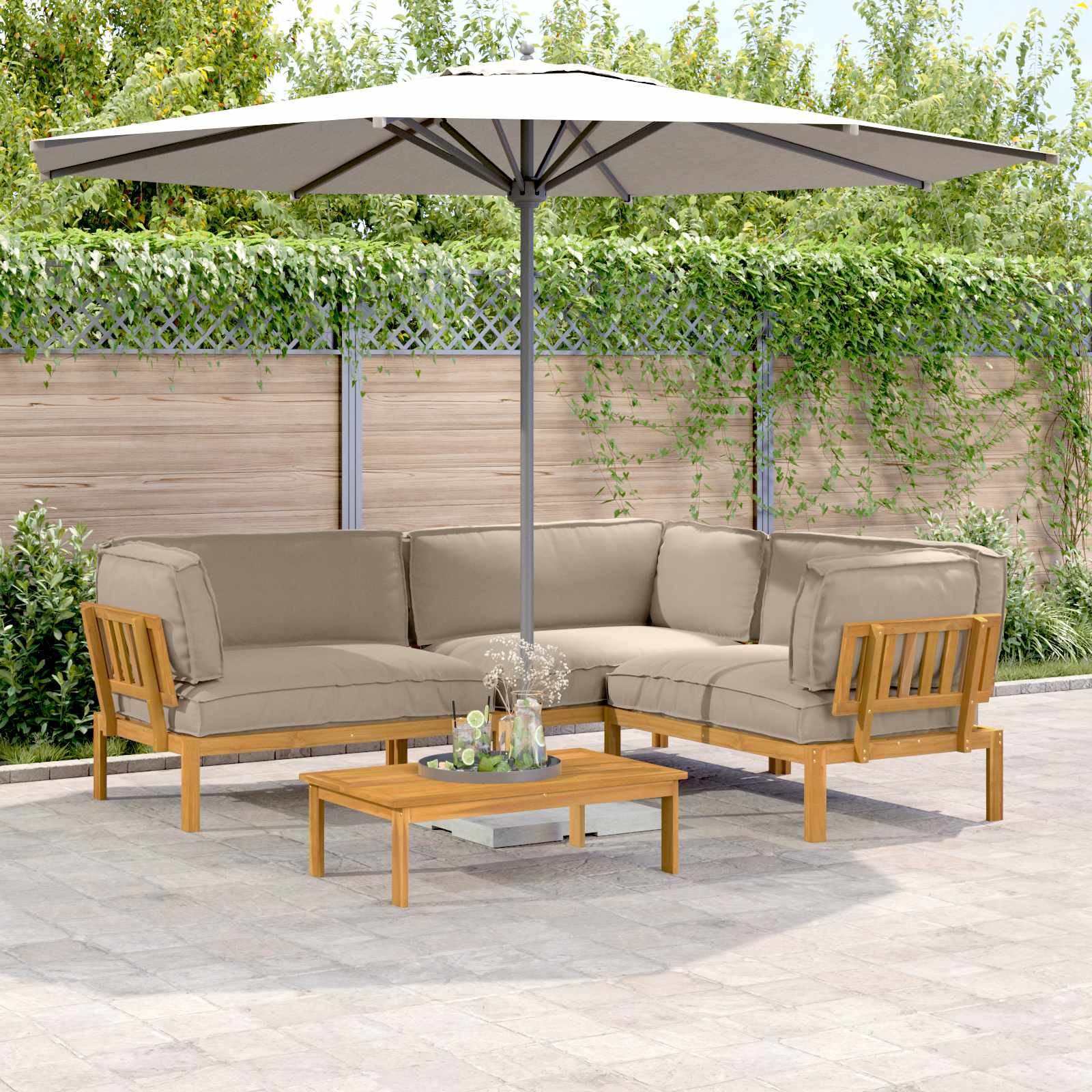 vidaXL Bankstel met kussen 3 pcs Bladpatroon Massief Acaciahout