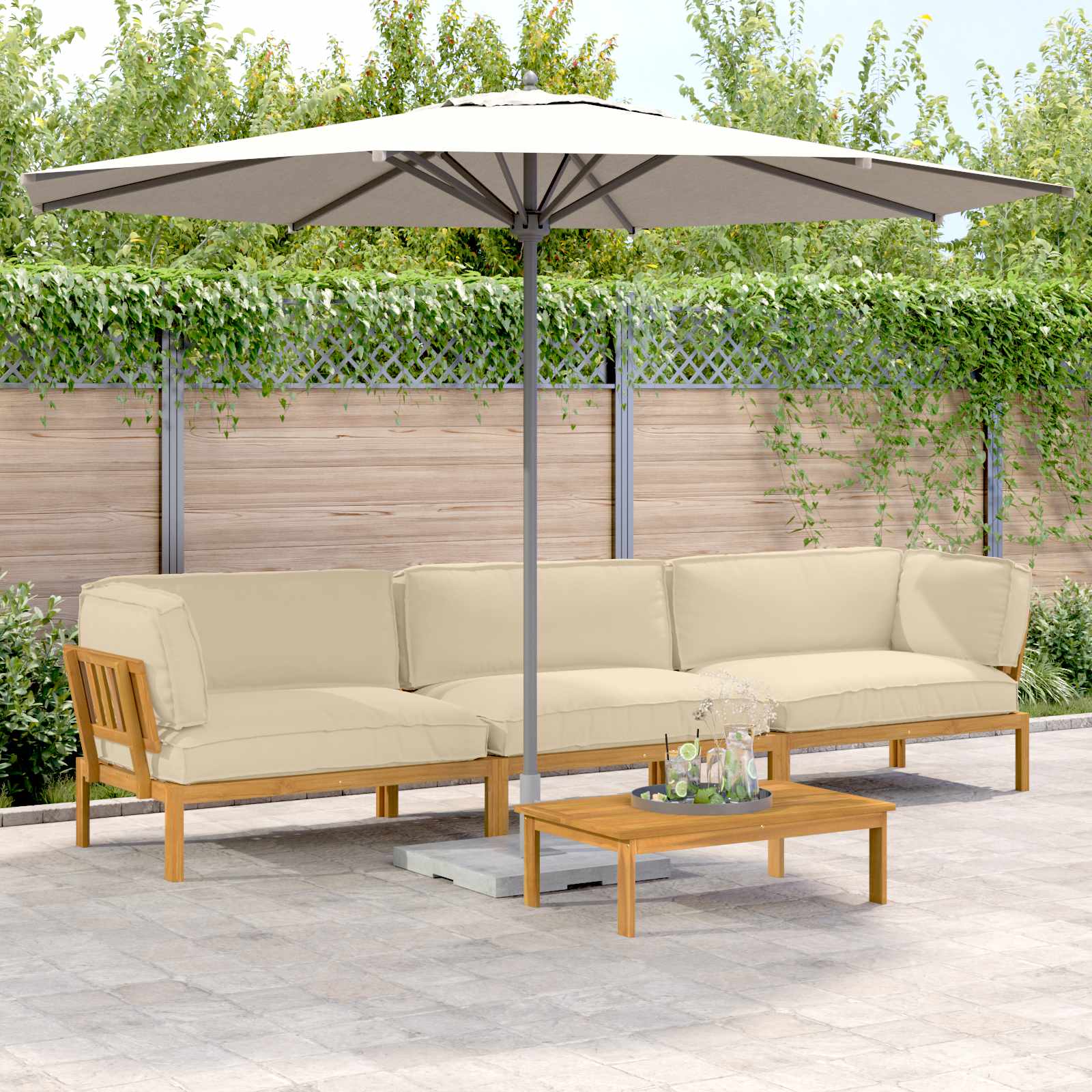 vidaXL Bankstel met kussen 3 pcs Bladpatroon Massief Acaciahout