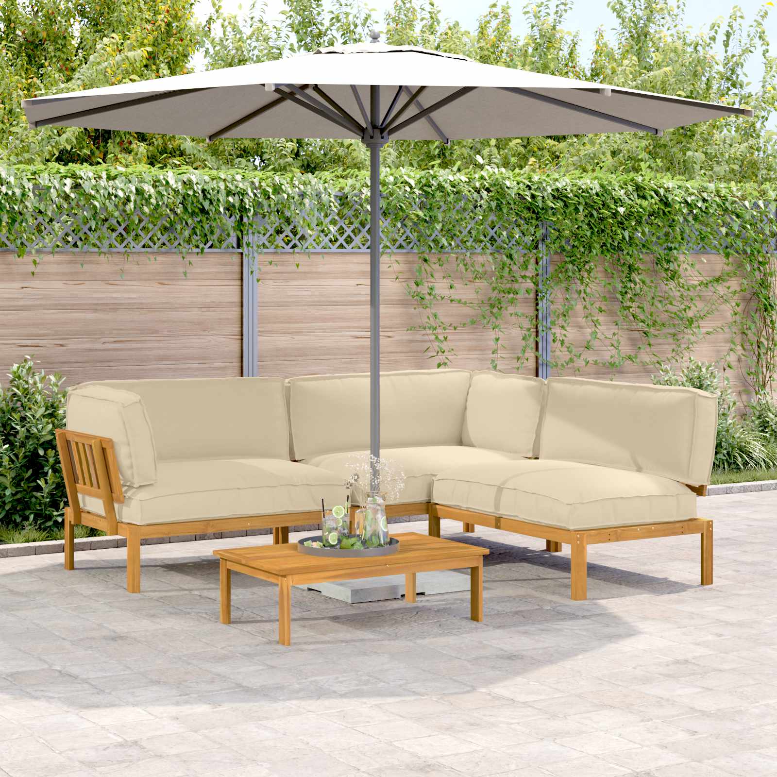 vidaXL Bankstel met kussen 3 pcs Bladpatroon Massief Acaciahout