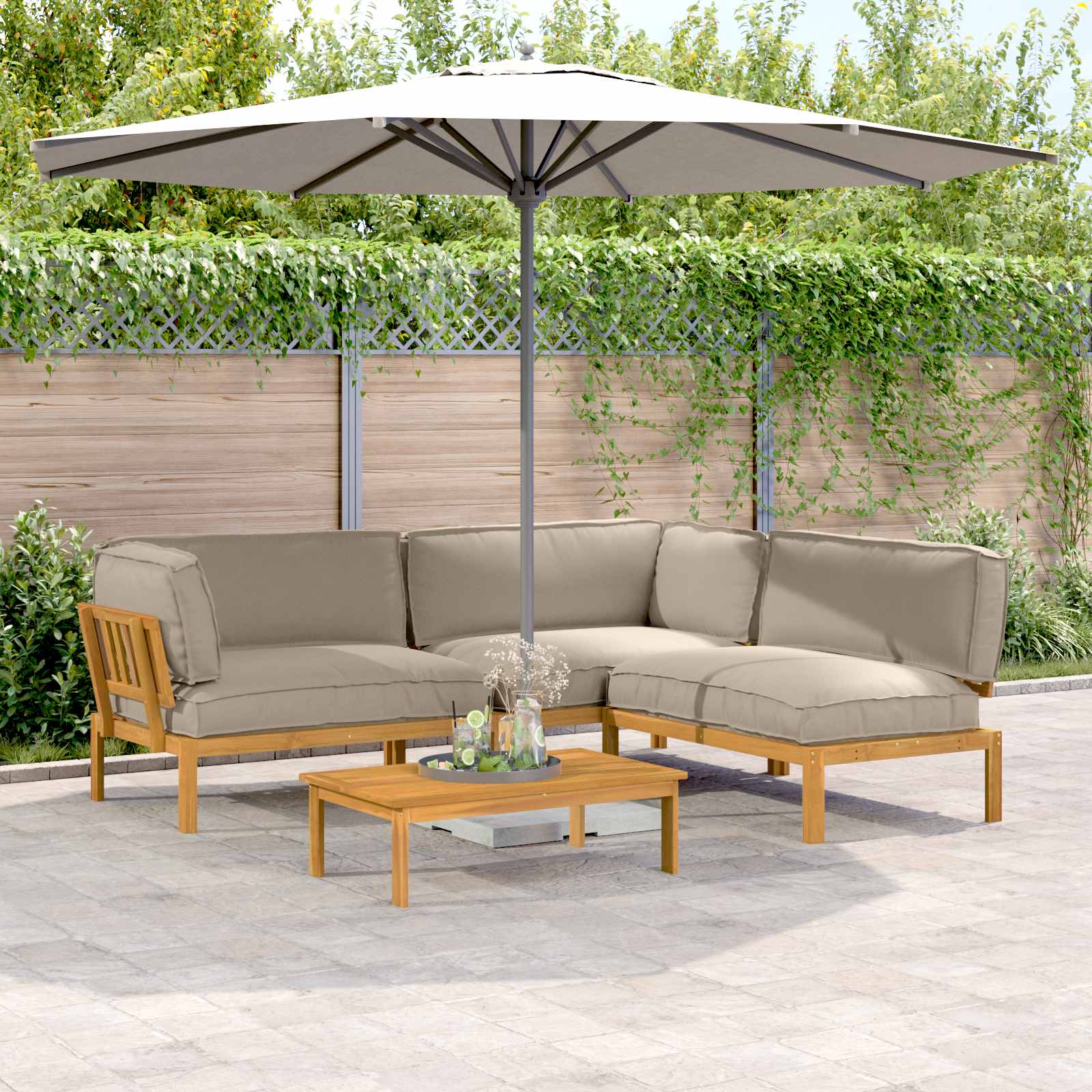 vidaXL Bankstel met kussen 3 pcs Bladpatroon Massief Acaciahout