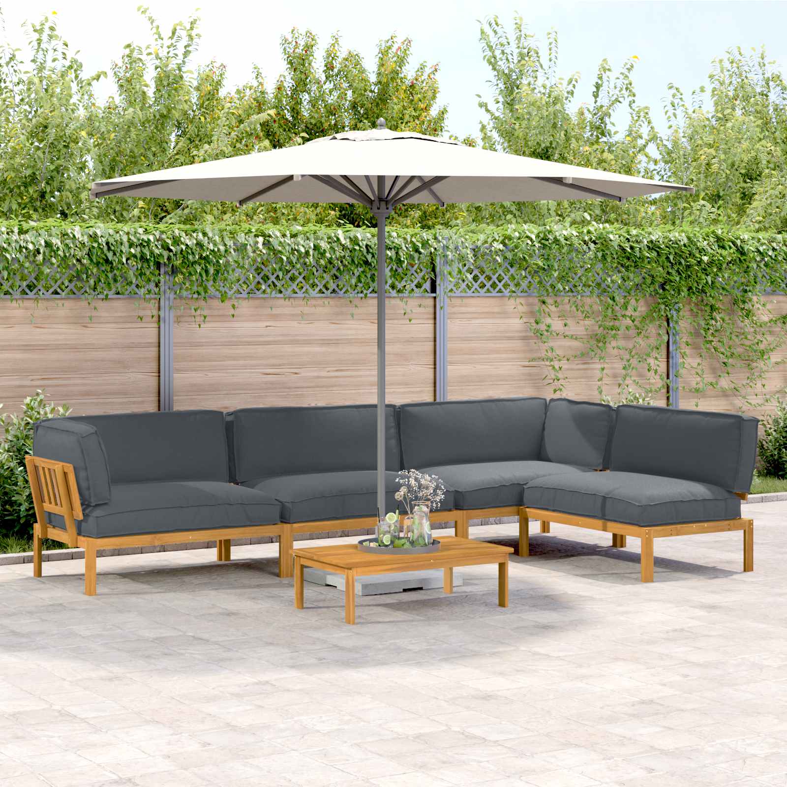 vidaXL Bankstel met kussen 3 pcs Bladpatroon Massief Acaciahout
