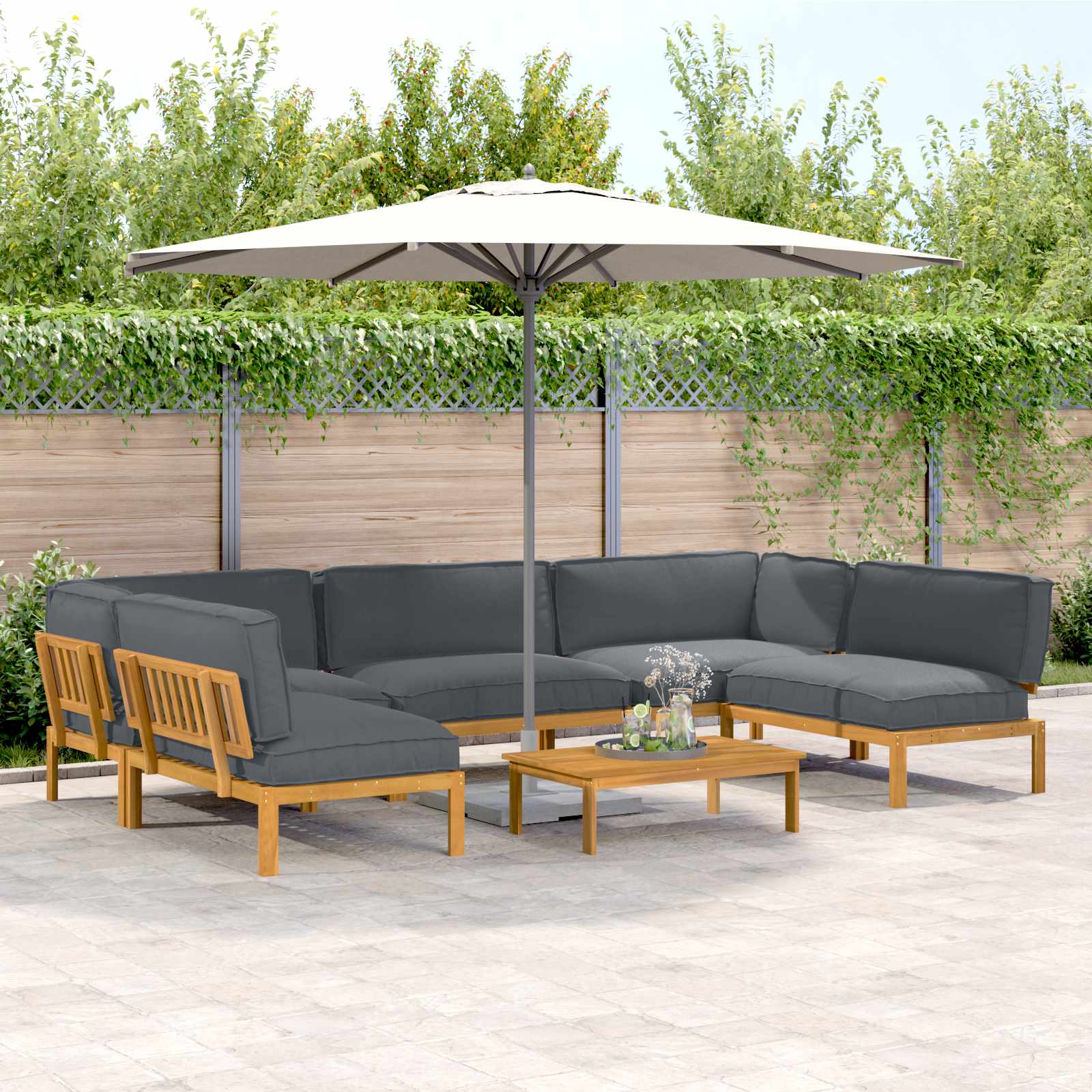 vidaXL Bankstel met kussen 3 pcs Bladpatroon Massief Acaciahout