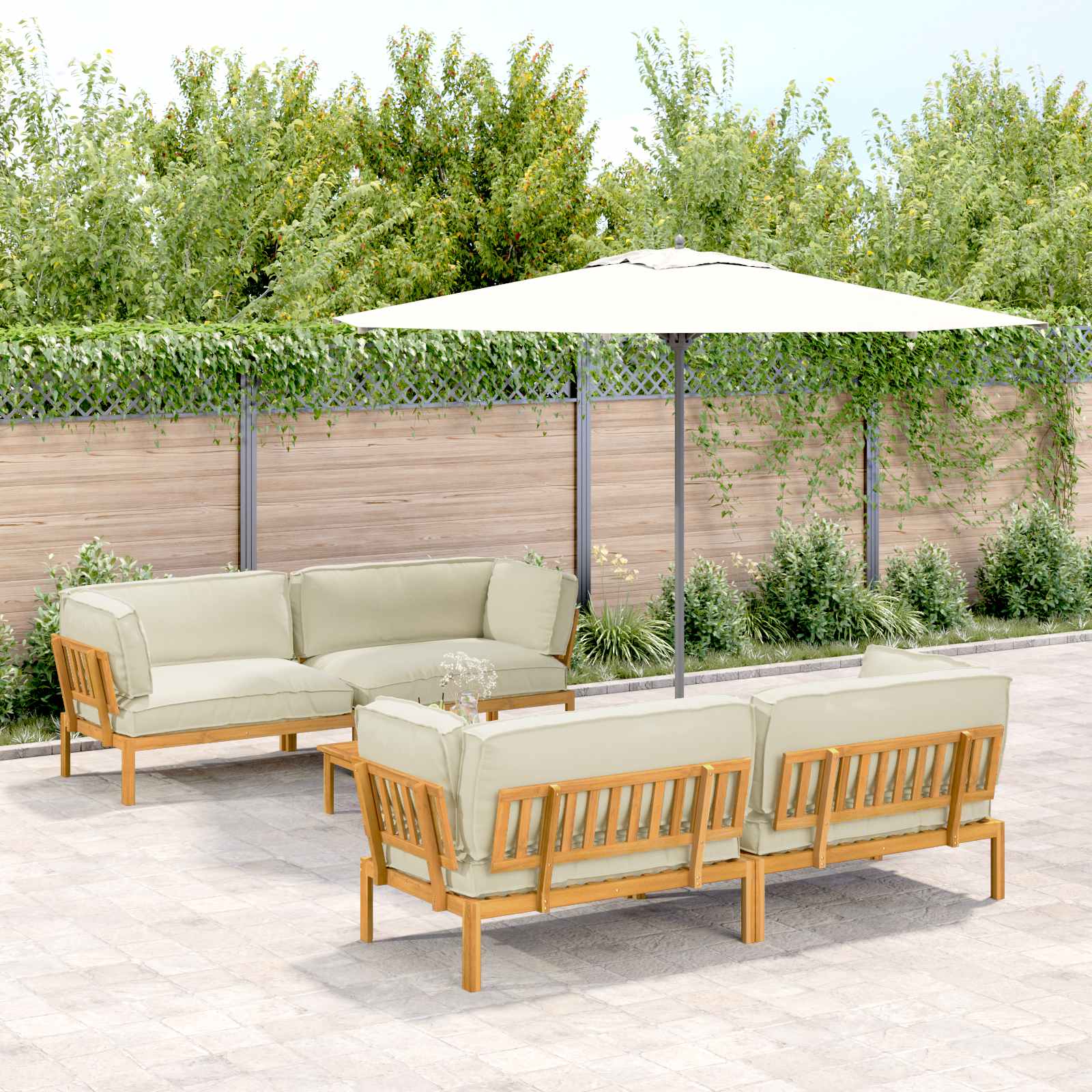 vidaXL Bankstel met kussen 3 pcs Bladpatroon Massief Acaciahout