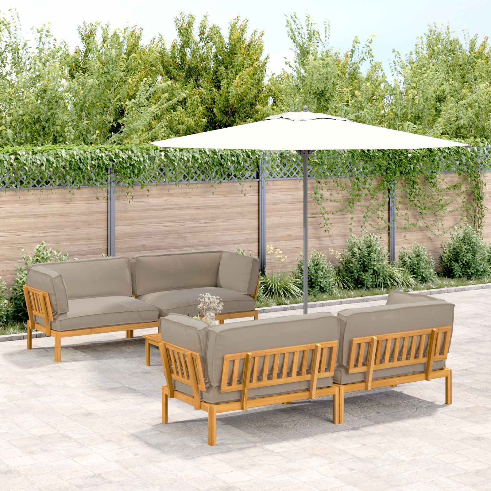 vidaXL Bankstel met kussen 3 pcs Bladpatroon Massief Acaciahout