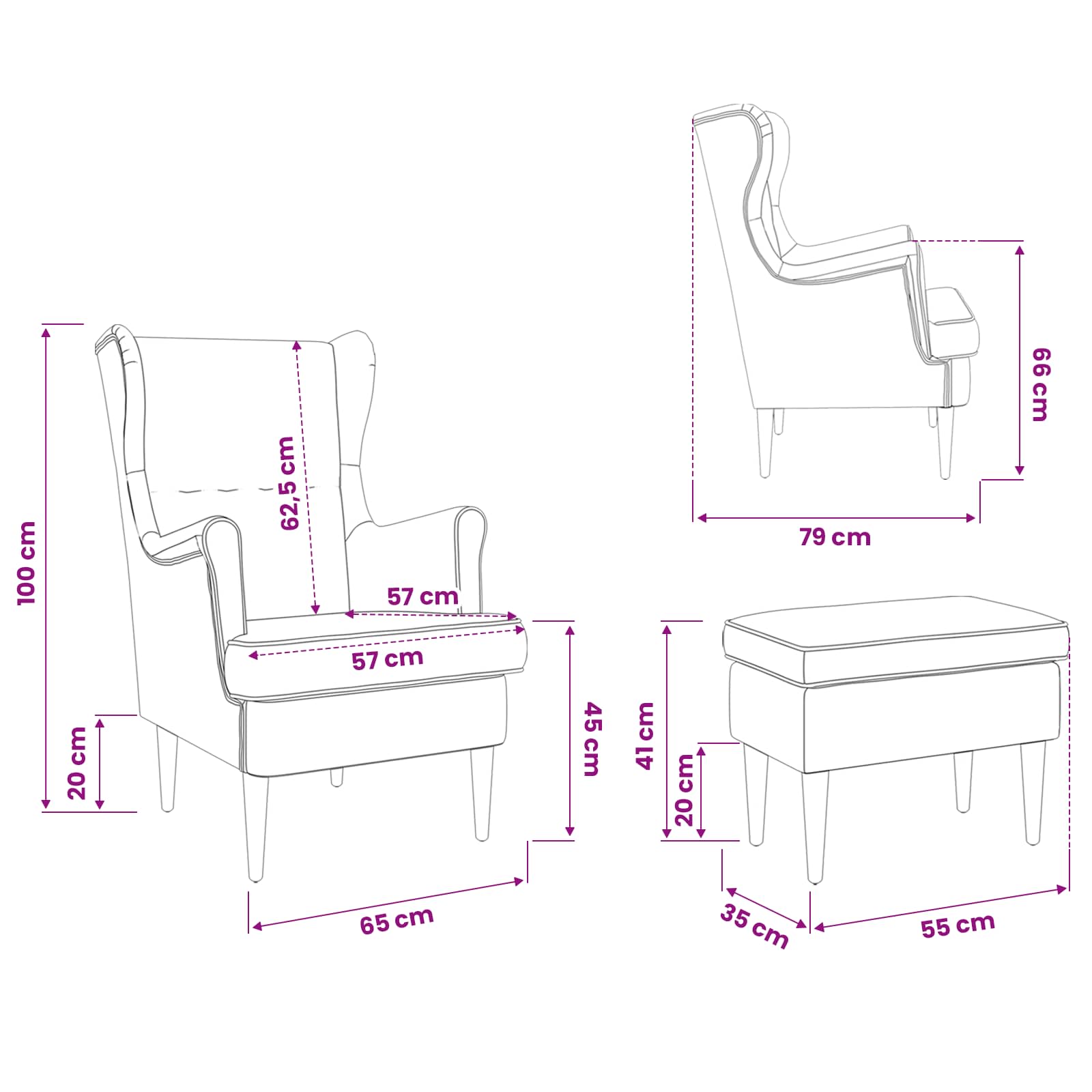 vidaXL Fauteuil met Voetenbank 2 st Crèmekleurig Bouclé