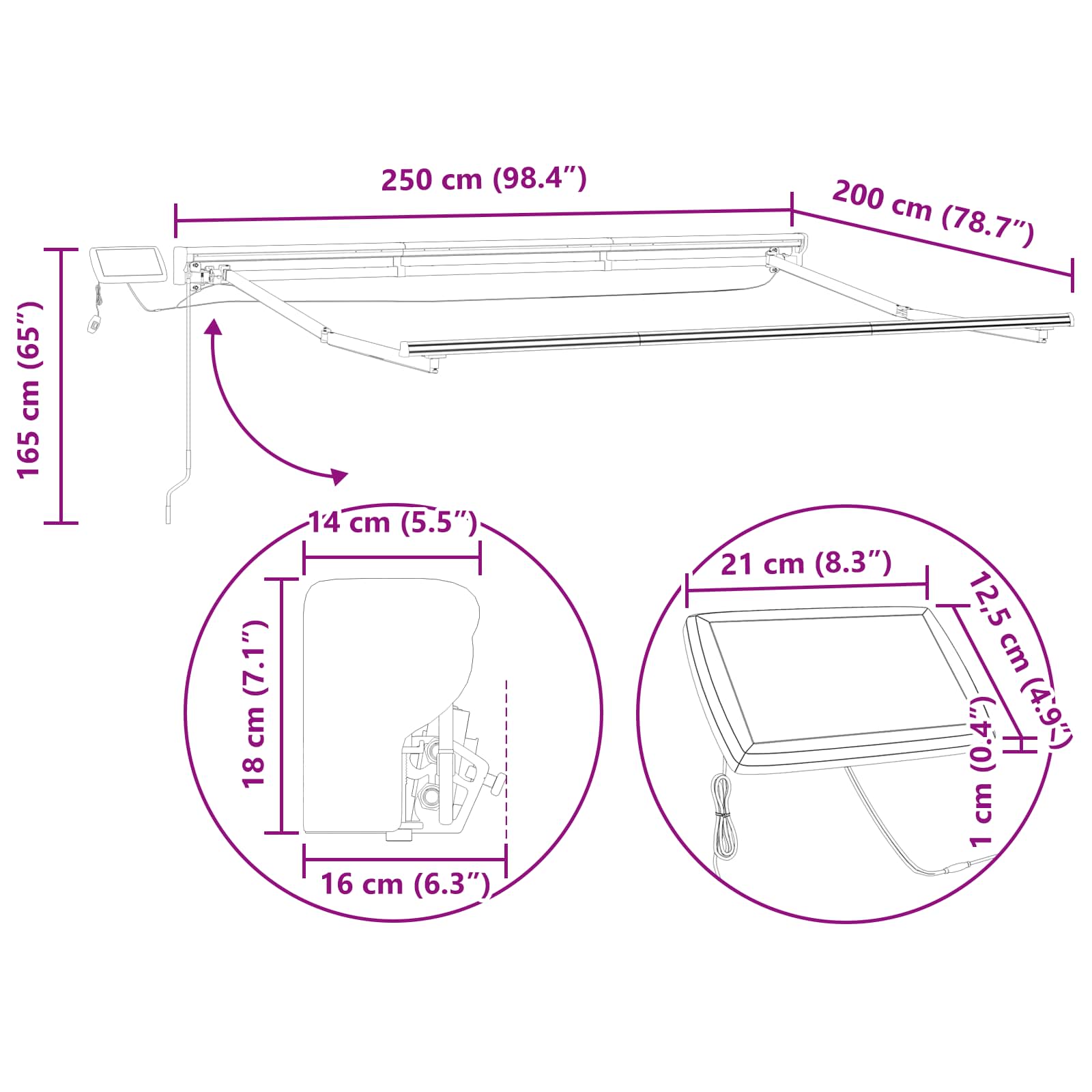 vidaXL Handmatige Luifelhouder met LED's Blauw en Wit 2,5 x 2 m