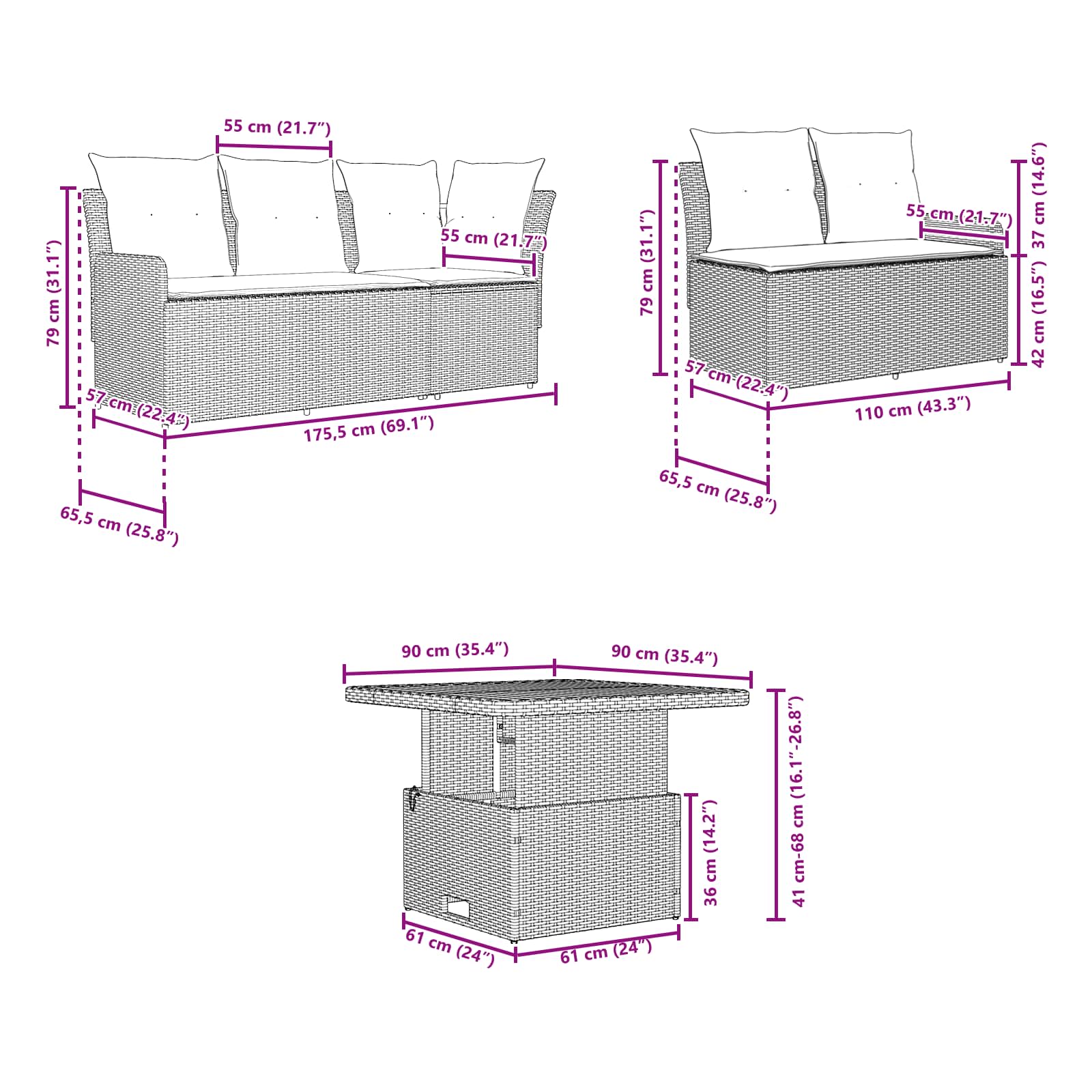 vidaXL Meubelsets met kussen 4 pcs Zwart PE Rattan