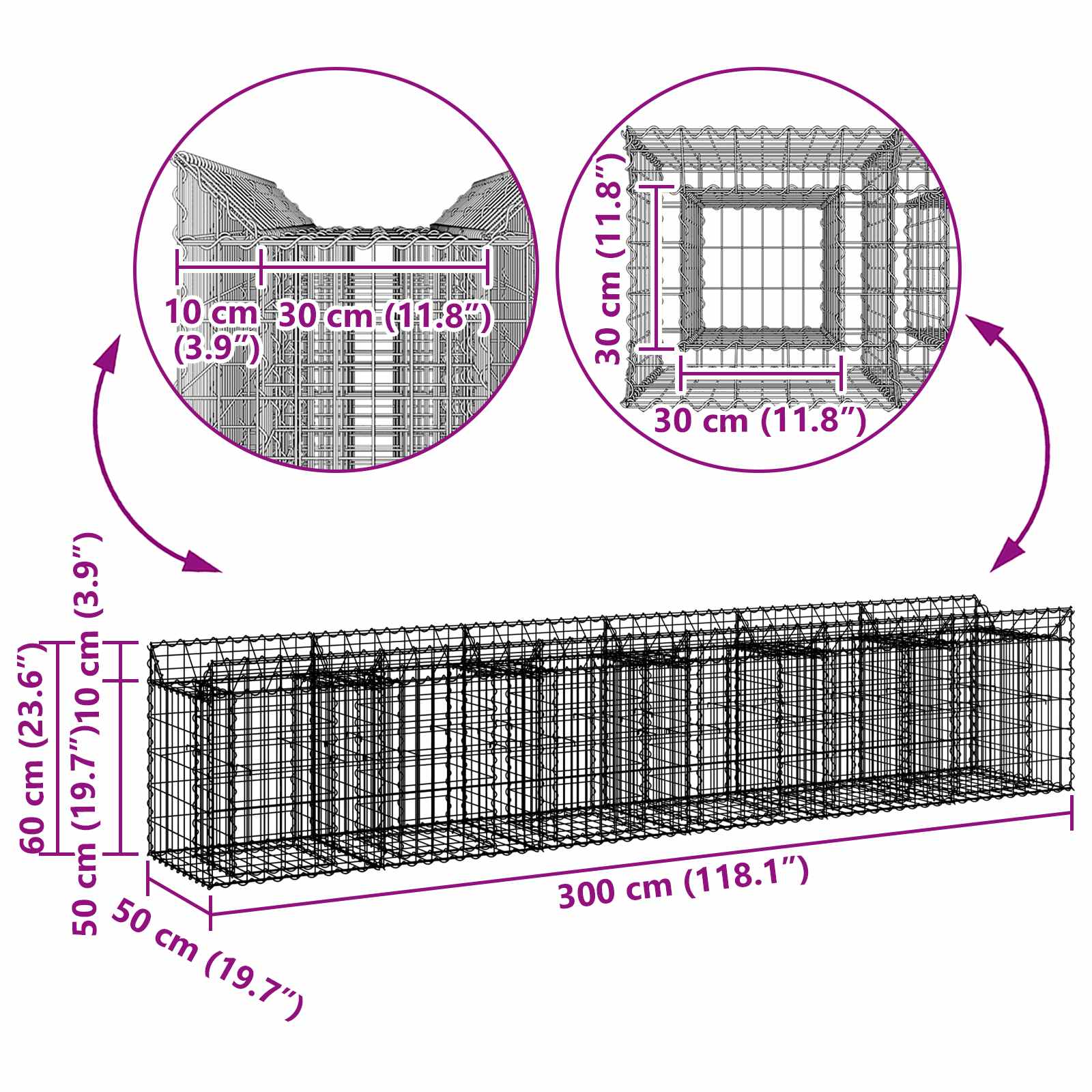 vidaXL Gabion Verhoogd Bed 2 pcs Zilver 300 x 50 x 60 cm