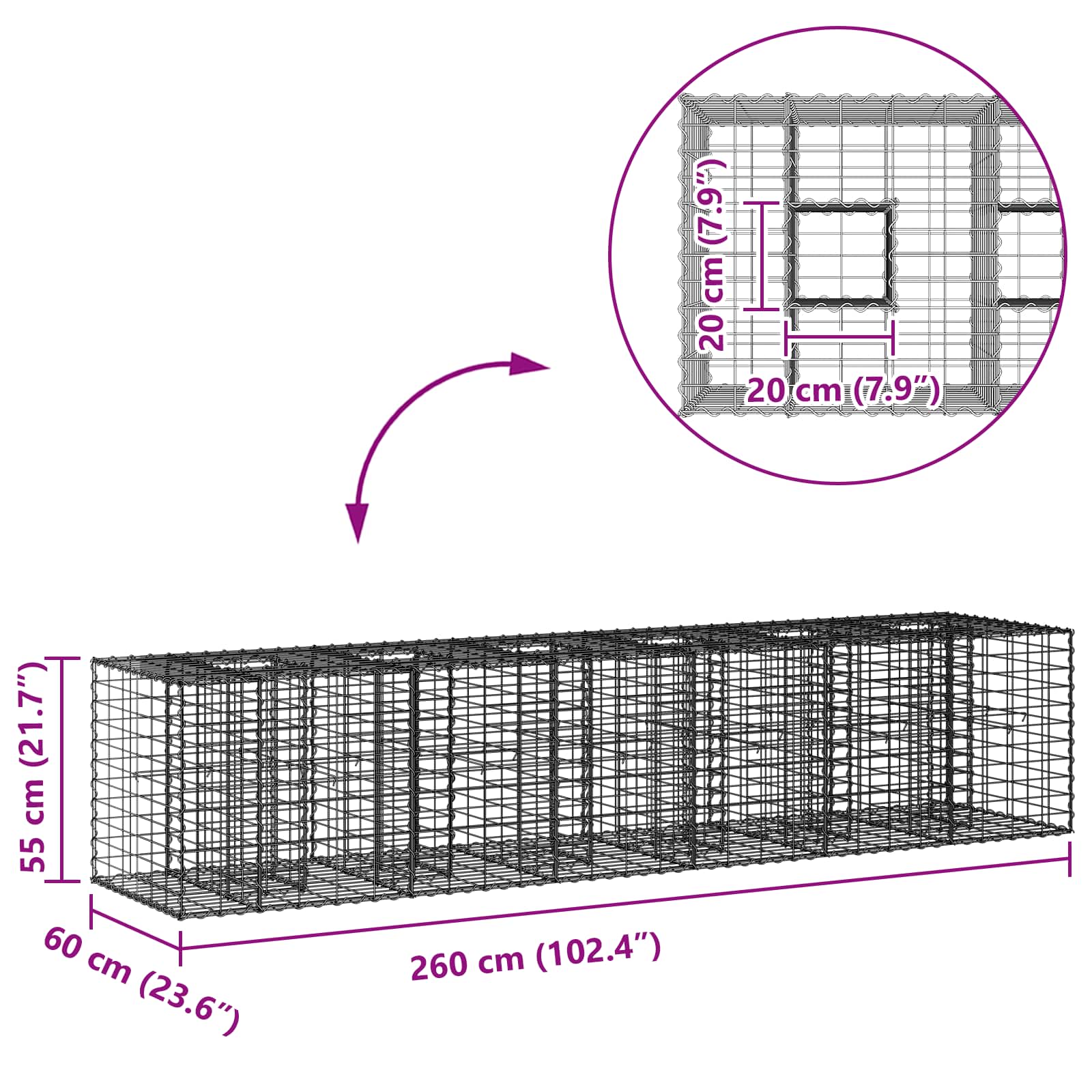 vidaXL Gabion Verhoogd Bed 2 pcs Zilver 260 x 60 x 55 cm