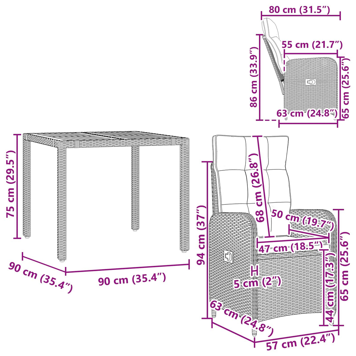 vidaXL Buiten eettafelset 3 st Zwart PE Rattan en Poeder-Coated Staal