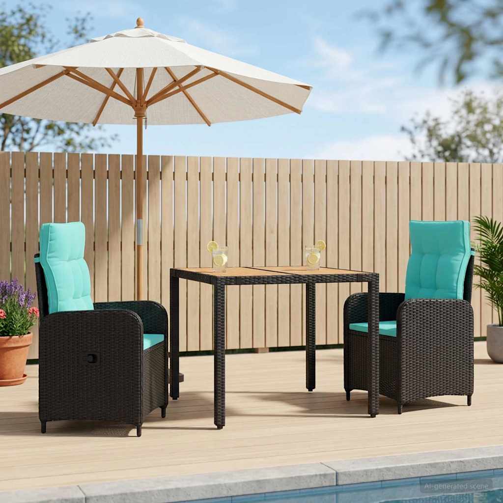 vidaXL Buiten eettafelset 3 st Zwart PE Rattan en Poeder-Coated Staal