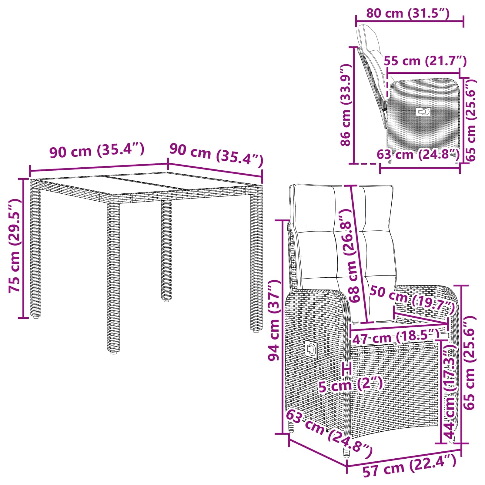 vidaXL Buiten eettafelset 3 pcs PE Rattan en Poeder-Coated Staal