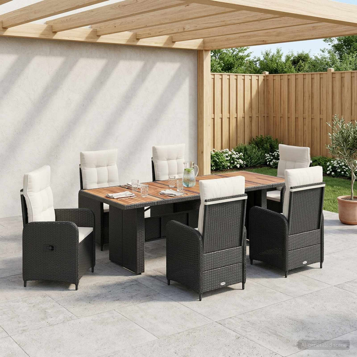vidaXL Buiten eettafelset 7 st Zwart poly rattan