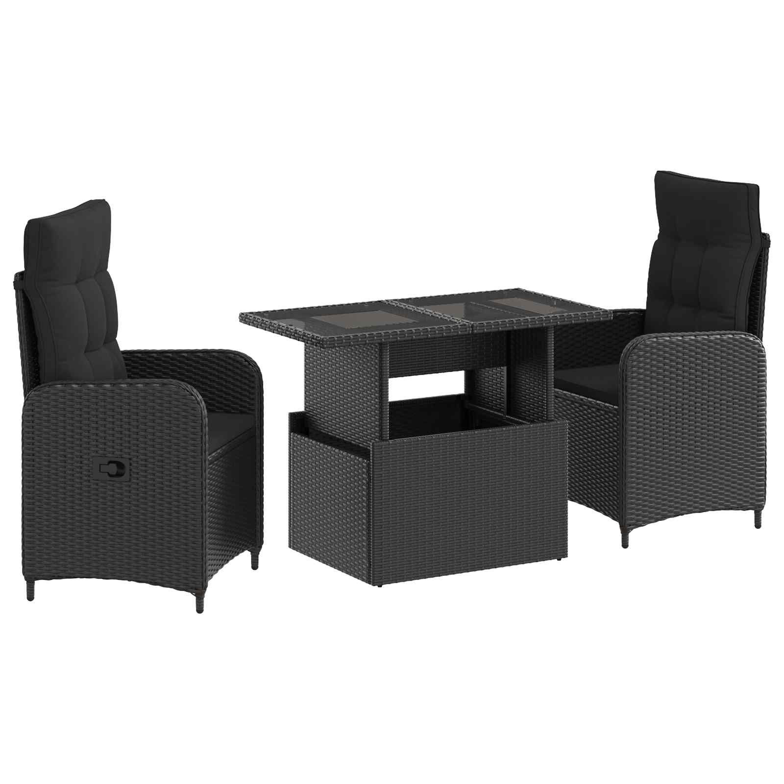 vidaXL Buiten eettafelset met kussen 3 pcs Zwart poly rattan
