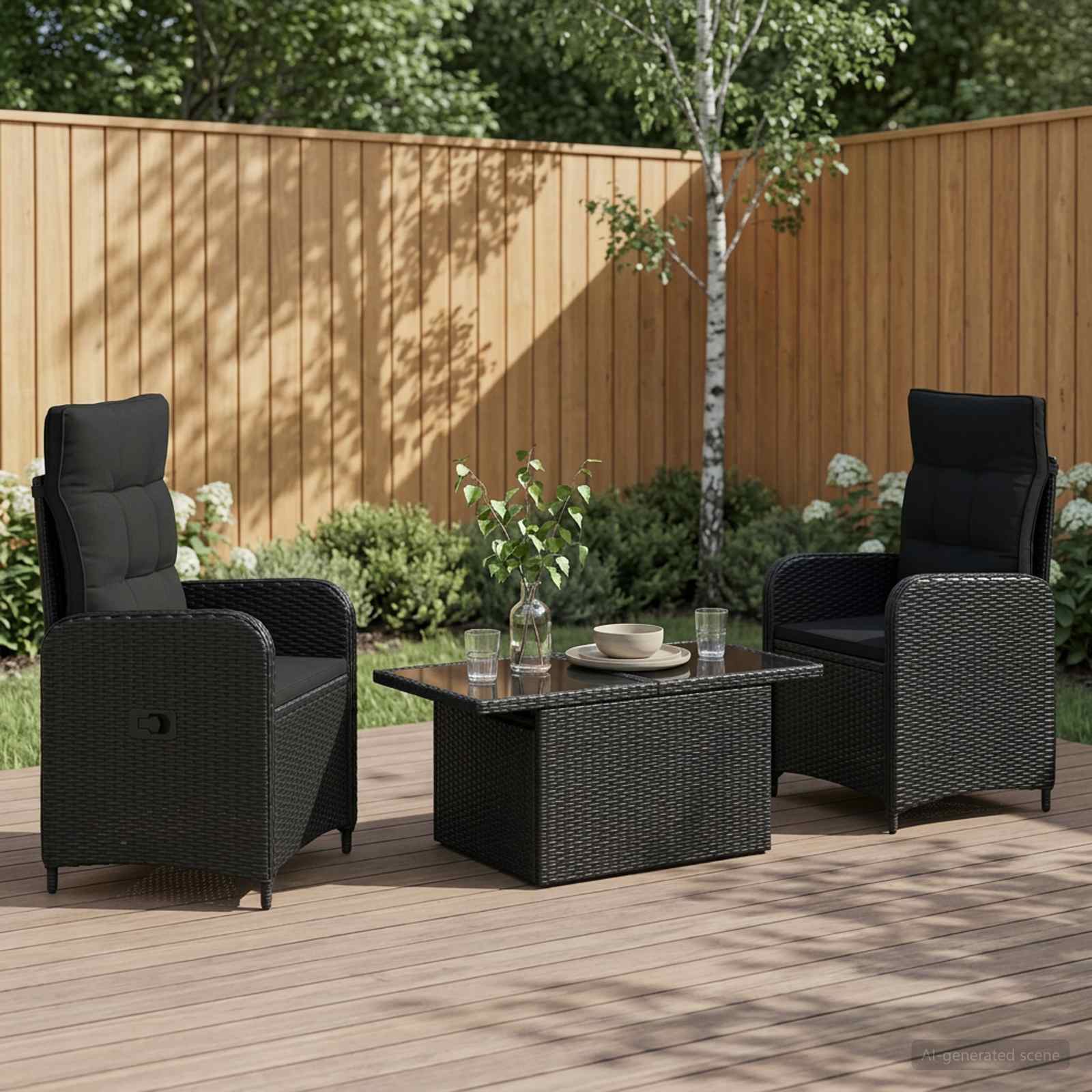 vidaXL Buiten eettafelset met kussen 3 pcs Zwart poly rattan
