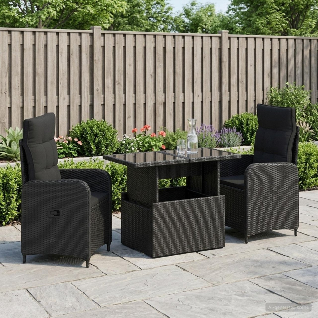 vidaXL Buiten eettafelset met kussen 3 pcs Zwart poly rattan