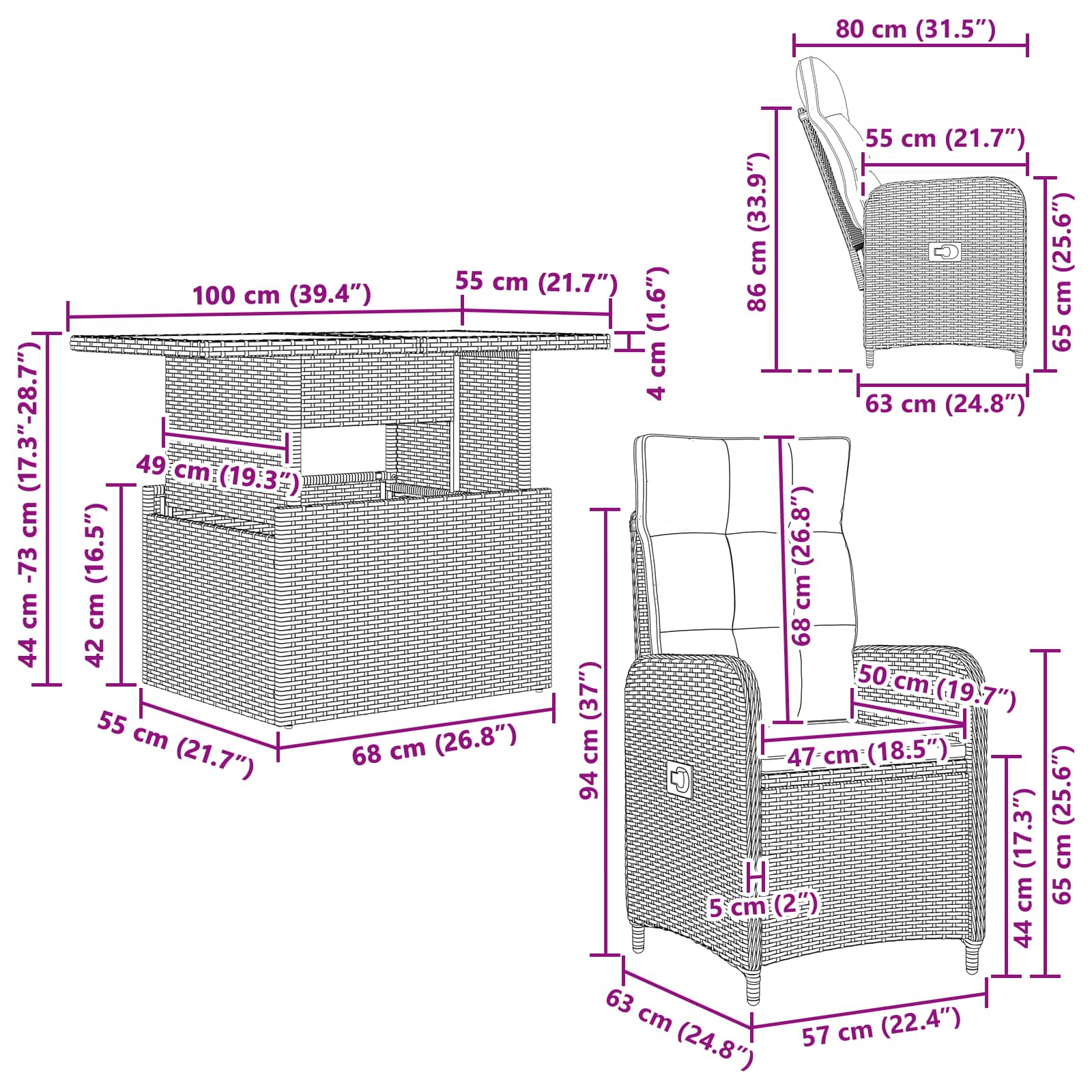 vidaXL Buiten eettafelset met kussen 3 pcs Zwart poly rattan