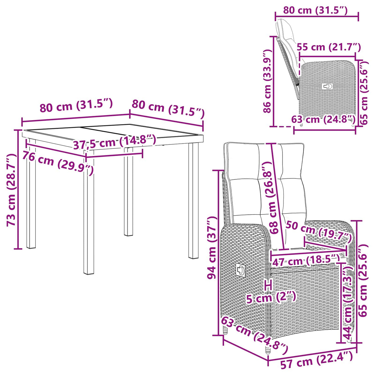 vidaXL Buiten eettafelset 3 st Zwart poly rattan