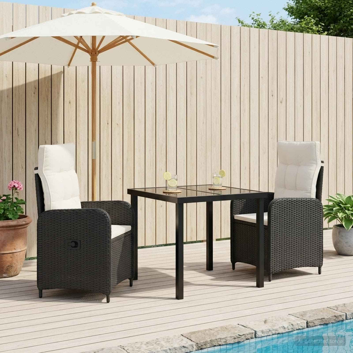 vidaXL Buiten eettafelset 3 st Zwart poly rattan