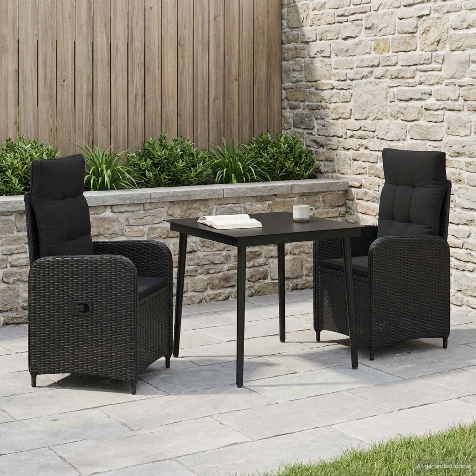 vidaXL Bank tafel set 3 pcs Zwart PE Rattan en Poeder-Coated Staal