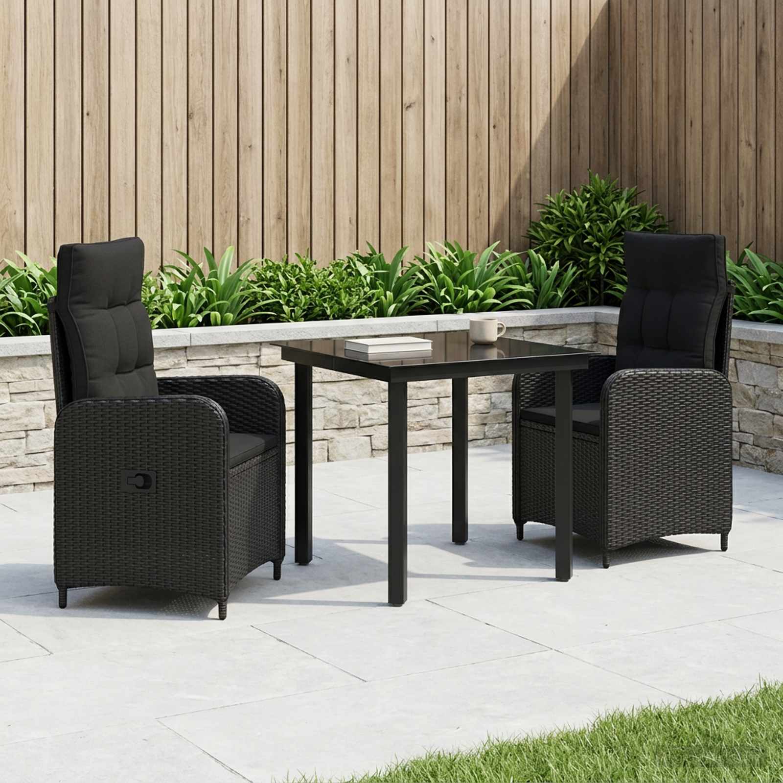 vidaXL Bank tafel set 3 pcs Zwart PE Rattan en Poeder-Coated Staal