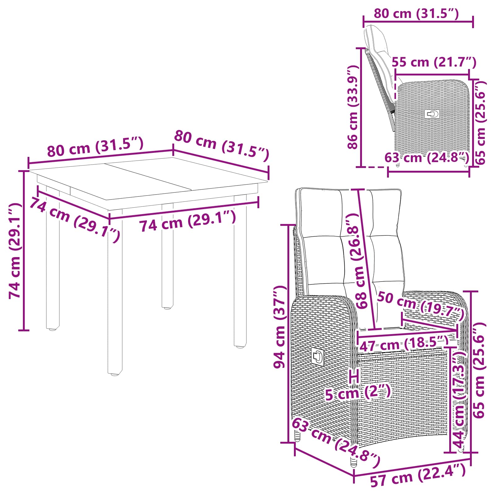 vidaXL Bank tafel set 3 pcs Zwart PE Rattan en Poeder-Coated Staal