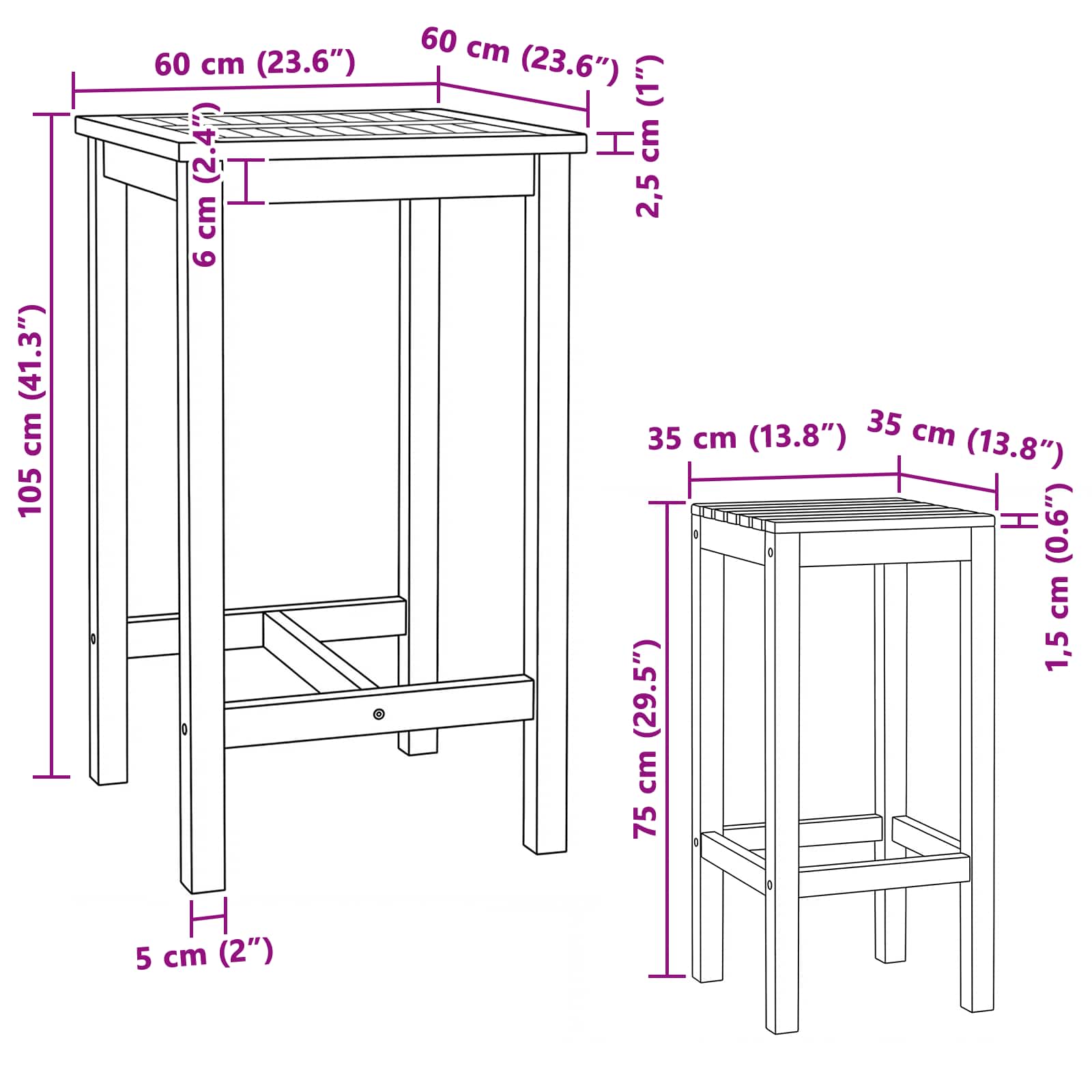 vidaXL Buitenbarset 3 pcs Onbehandeld Massief Teakhout