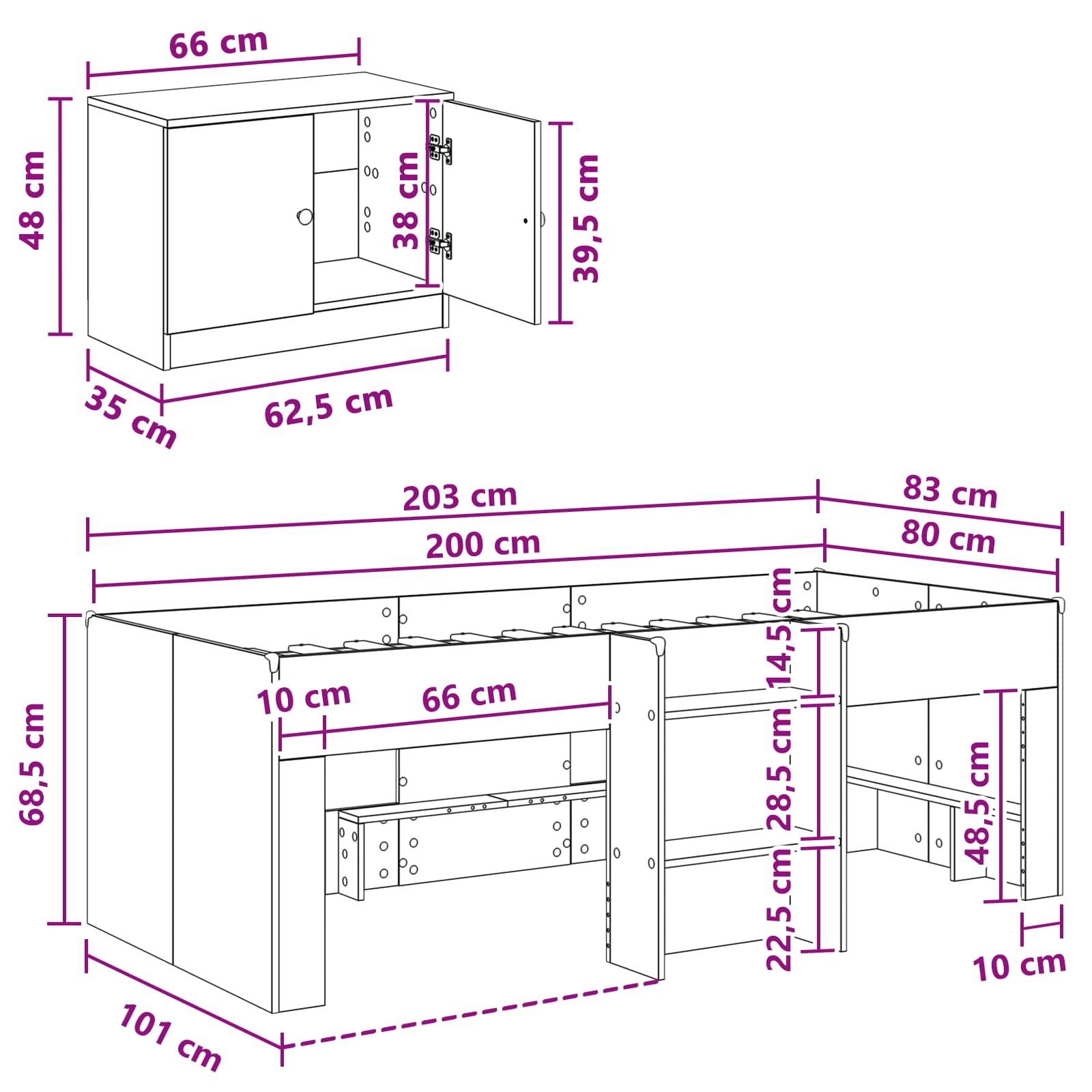 vidaXL Loft Bed Frame met Kast met opslag 3 pcs Wit Bewerkt hout