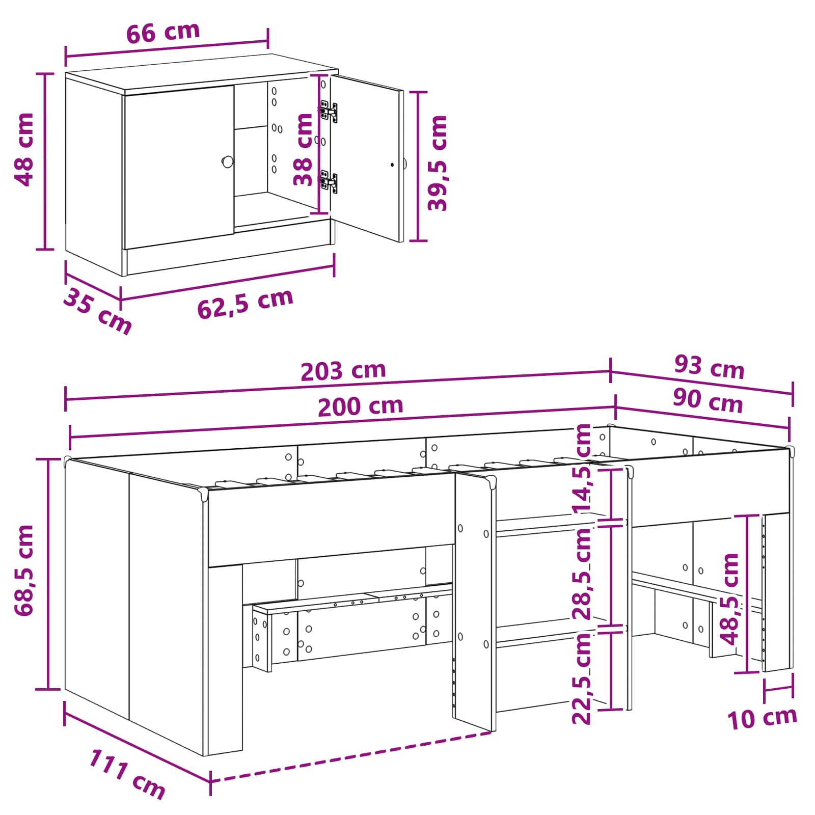 vidaXL Loft Bed Frame met Kast met opslag 3 pcs Wit Bewerkt hout