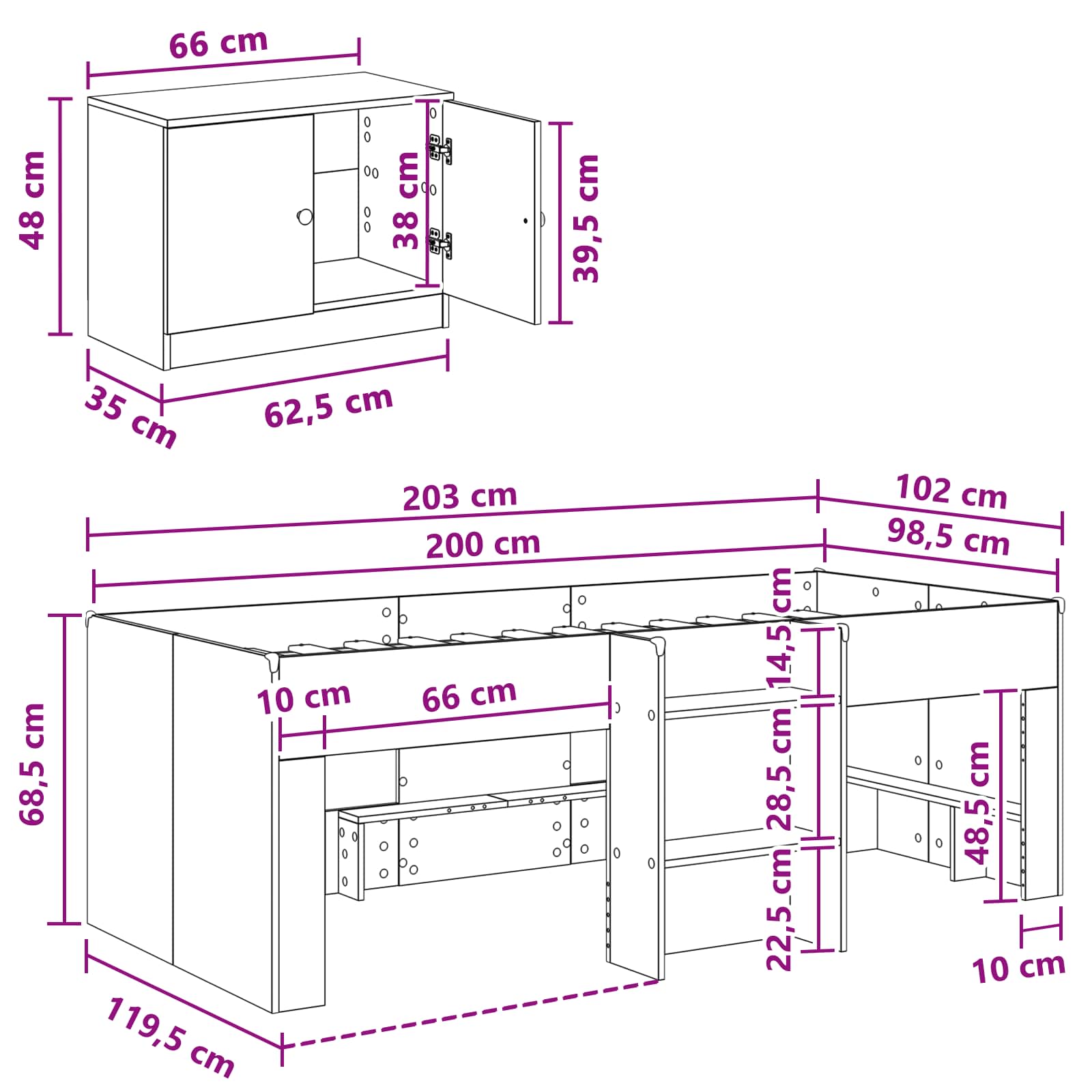 vidaXL Loftbed frame met kast met opslag 3 pcs Wit Bewerkt hout