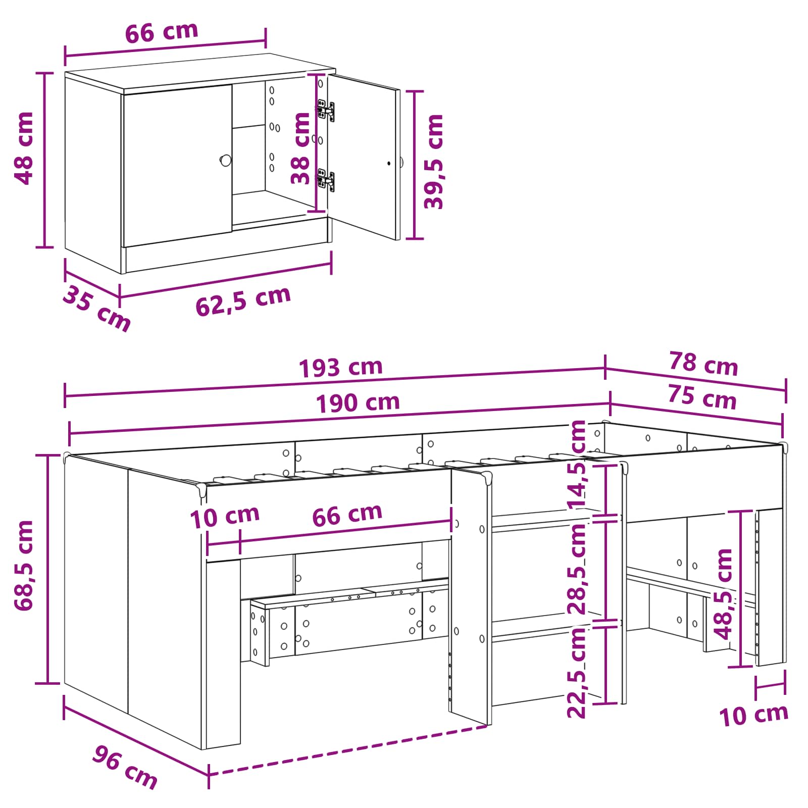 vidaXL Loft Bed Frame met Kast met opslag 3 pcs Wit Bewerkt hout