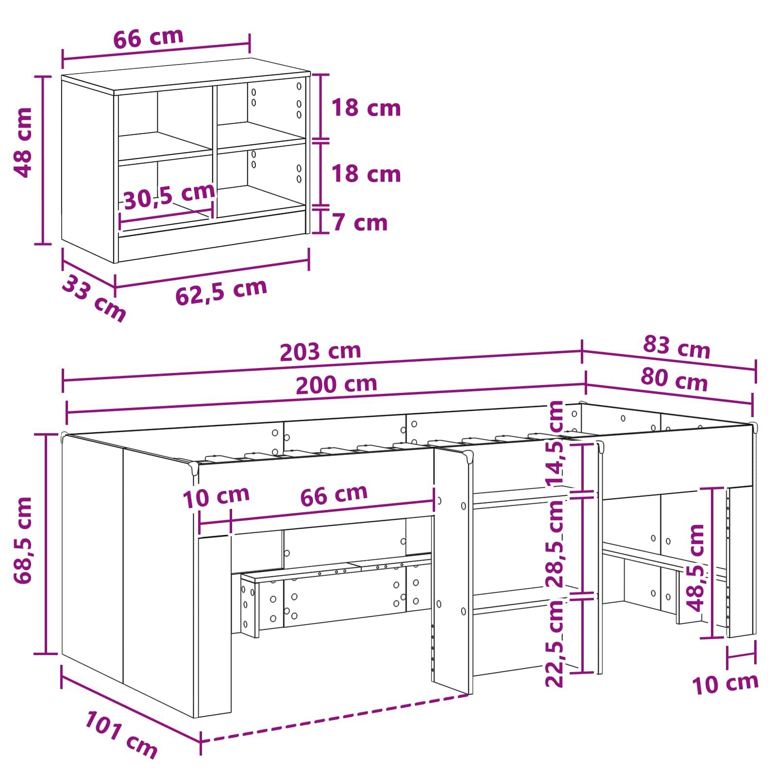 vidaXL Loft Bed Frame met Kast met plank 3 pcs Wit Bewerkt hout
