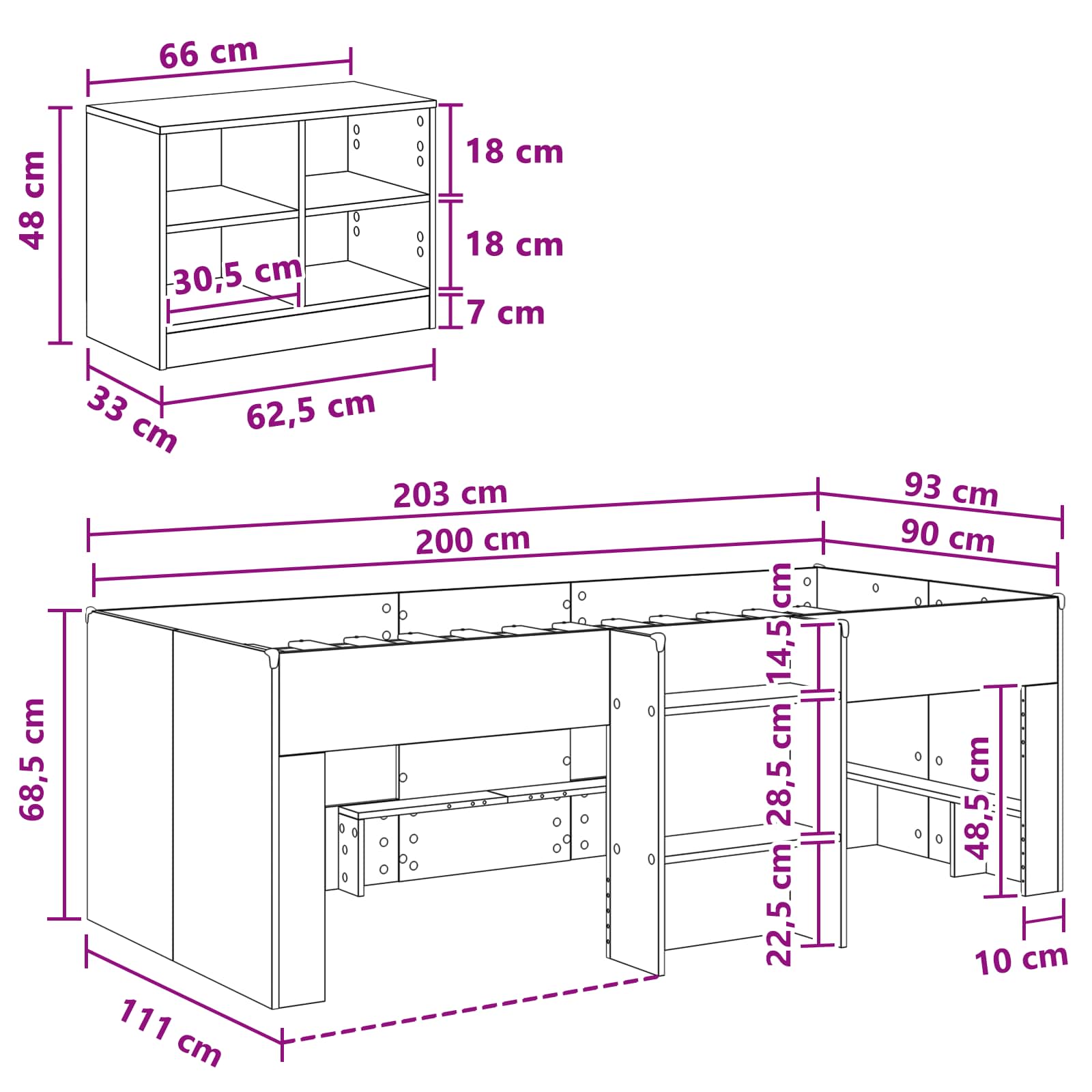 vidaXL Loft Bed Frame met Kast met plank 3 pcs Wit Bewerkt hout