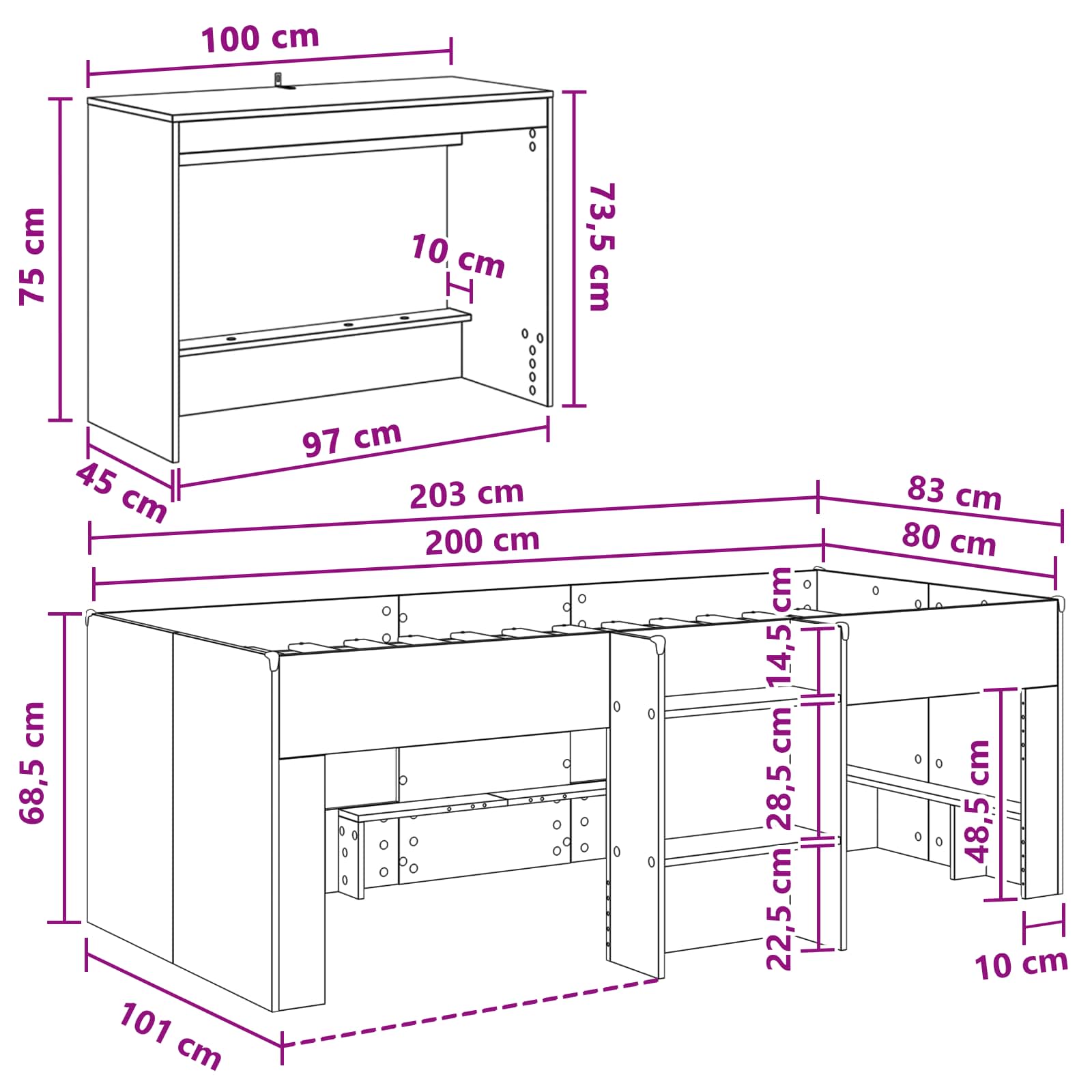 vidaXL Hoge Bed Frame met Bureau voor Kinderen Wit 80 x 200 cm