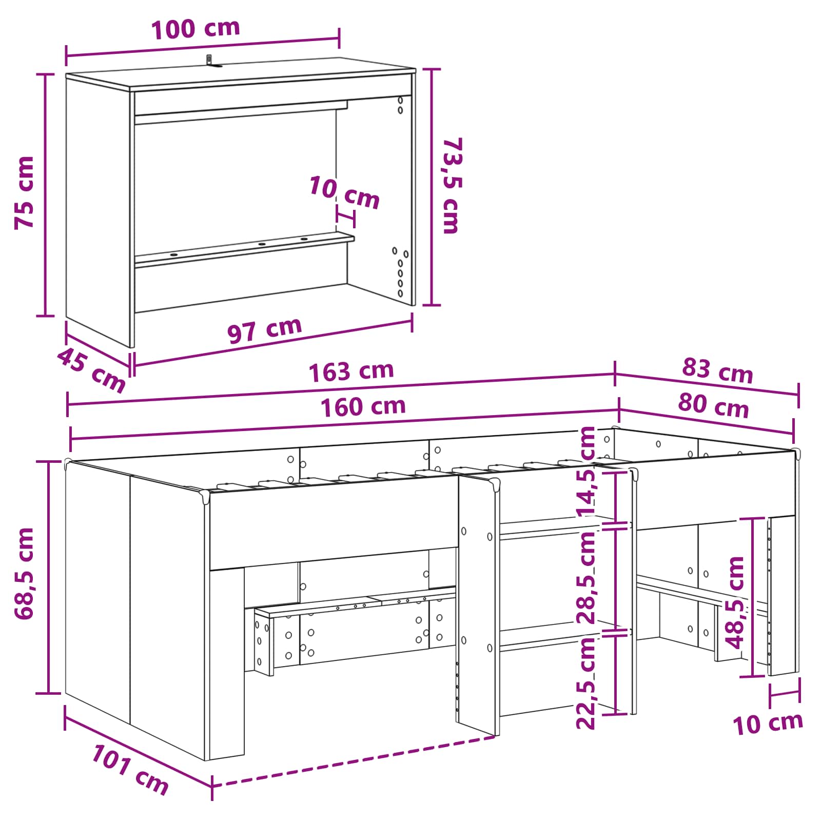 vidaXL Hoge Bed Frame met Bureau voor Kinderen Wit 80 x 160 cm