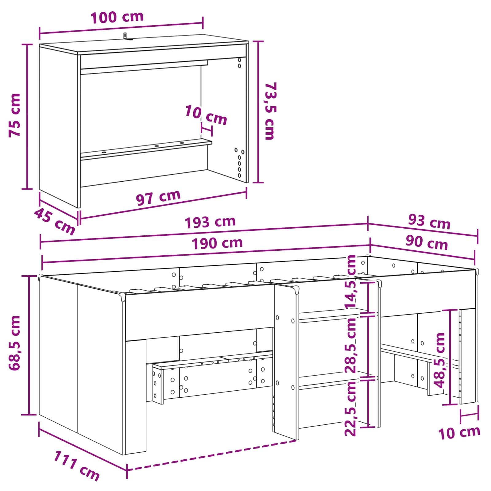 vidaXL Hoge Bed Frame met Bureau voor Kinderen Wit 90 x 190 cm