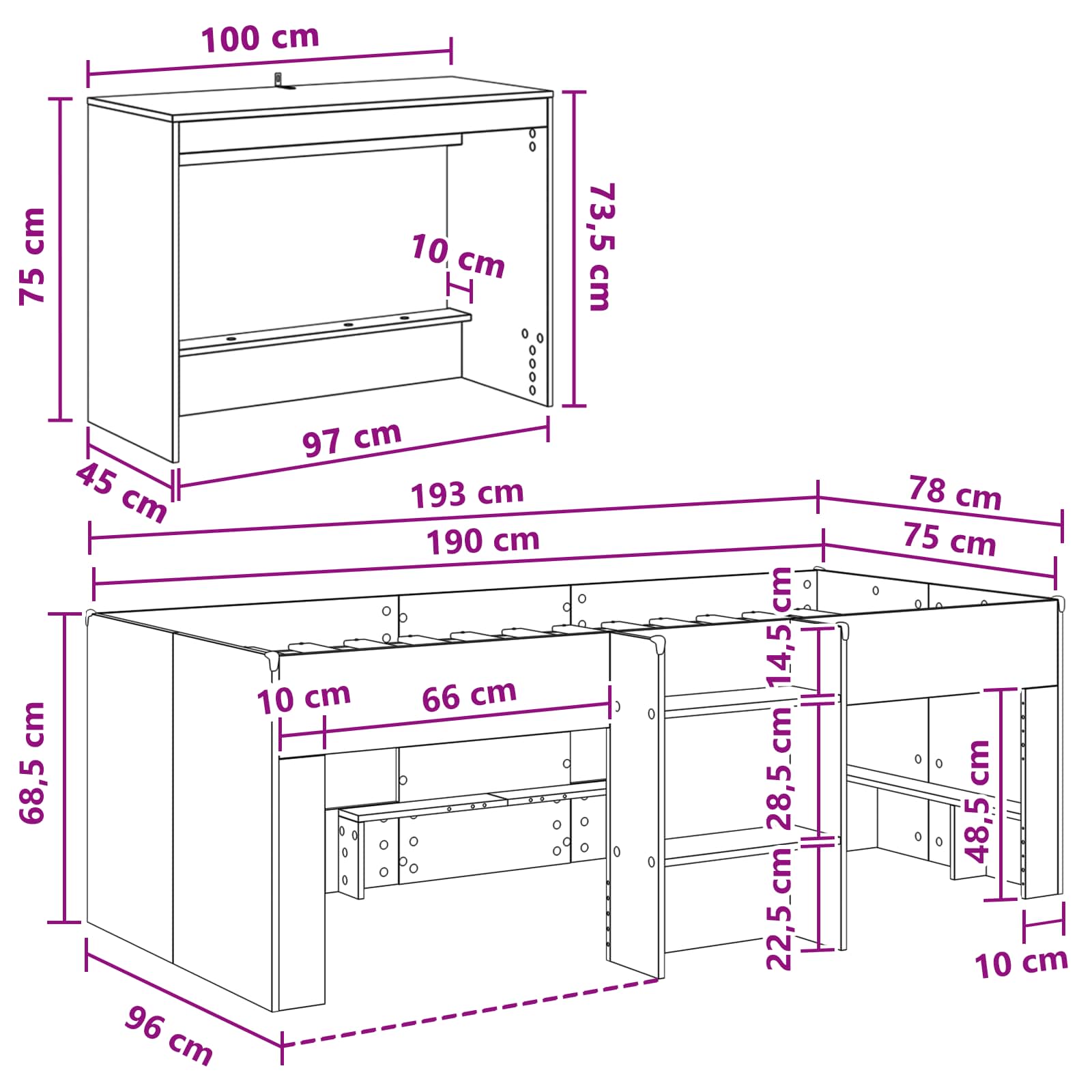 vidaXL Hoge Bed Frame met Bureau voor Kinderen Wit 75 x 190 cm