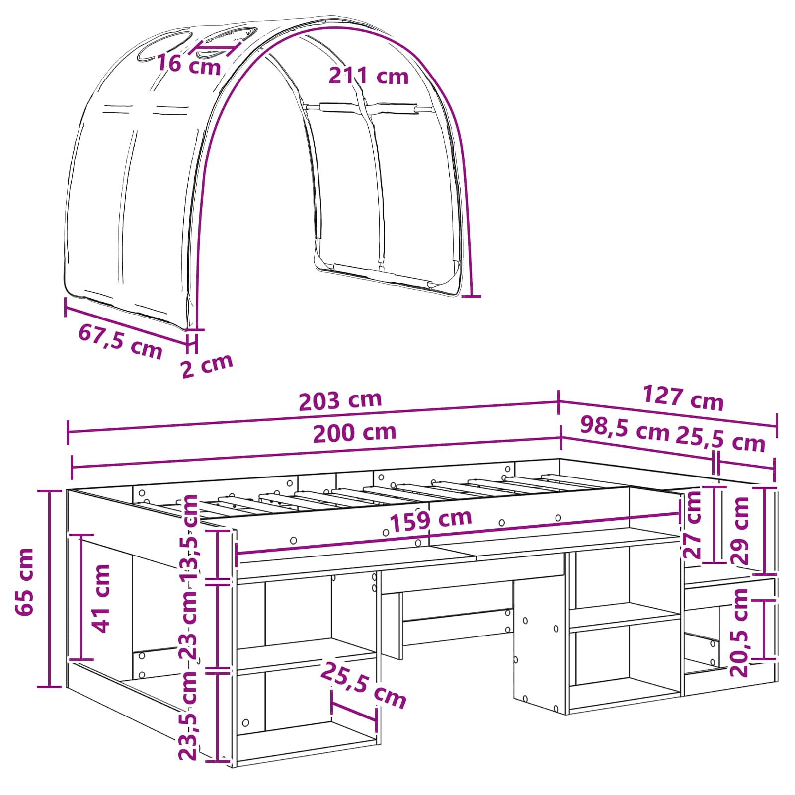 vidaXL Bedframe met tunnel 3 pcs Wit en Lichtblauw Geconstrueerd hout