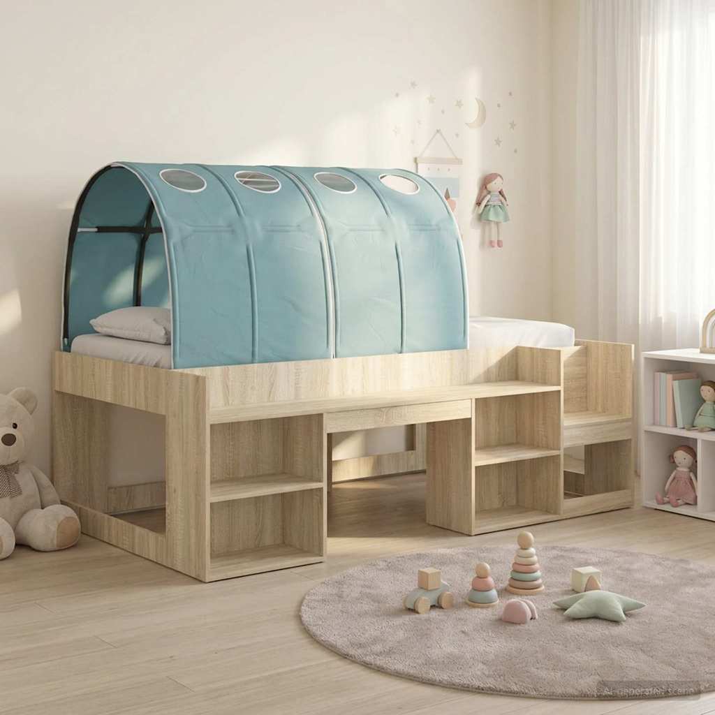 vidaXL Bedframe met tunnel 3 pcs Wit en Lichtblauw Geconstrueerd hout