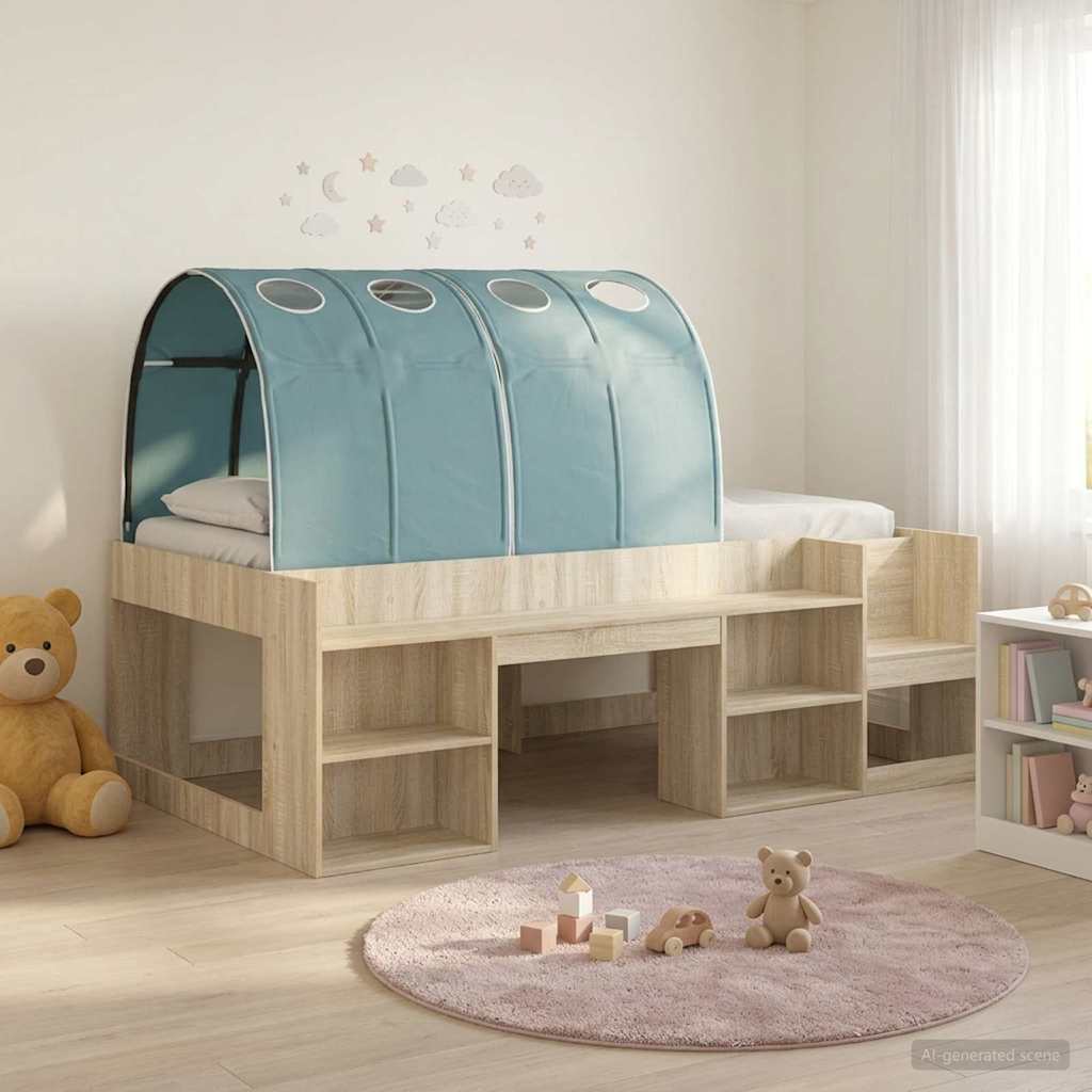 vidaXL Bedframe met tunnel 3 pcs Wit en Lichtblauw Bewerkt hout