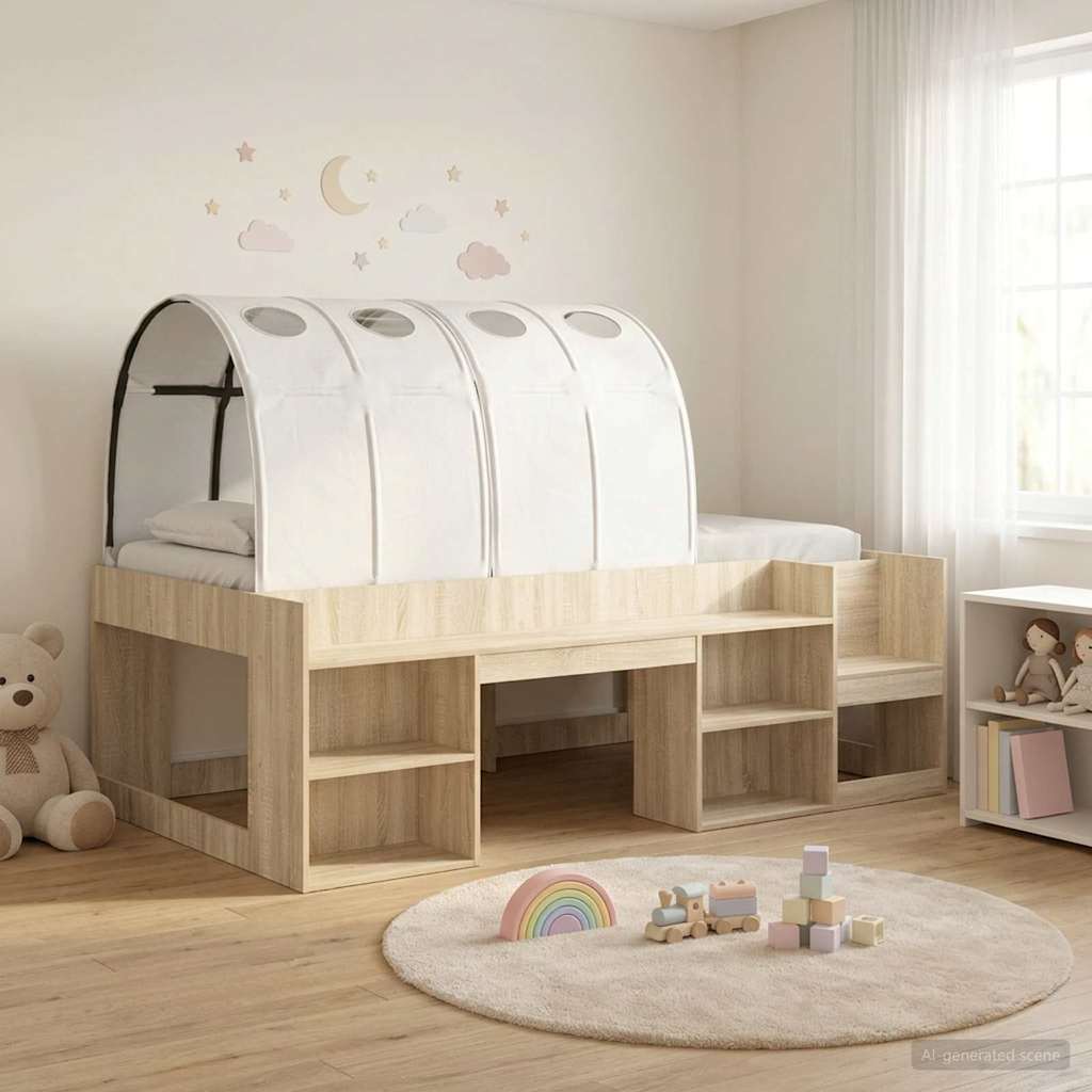 vidaXL Bedframe met tunnel 3 pcs Wit en Lichtblauw Bewerkt hout