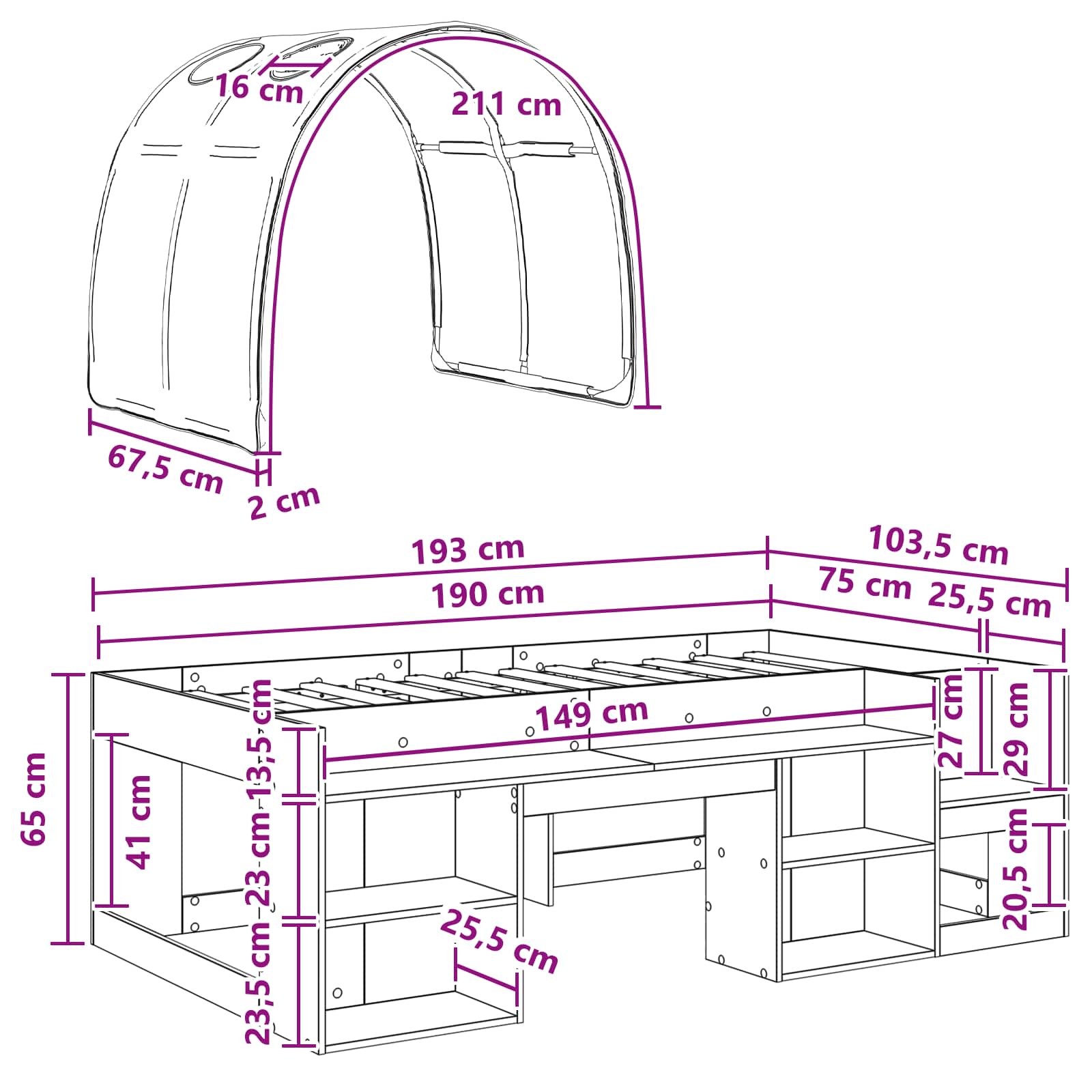 vidaXL Bedframe met tunnel 3 pcs Wit en Lichtblauw Bewerkt hout