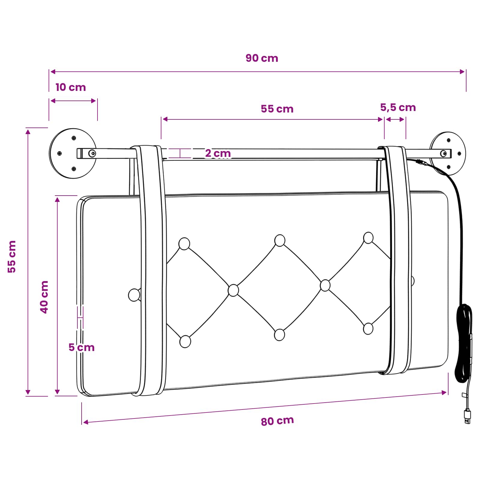 vidaXL Hangend Hoofdeinde Lichtgrijs 90 x 55 x 5 cm Fluweel