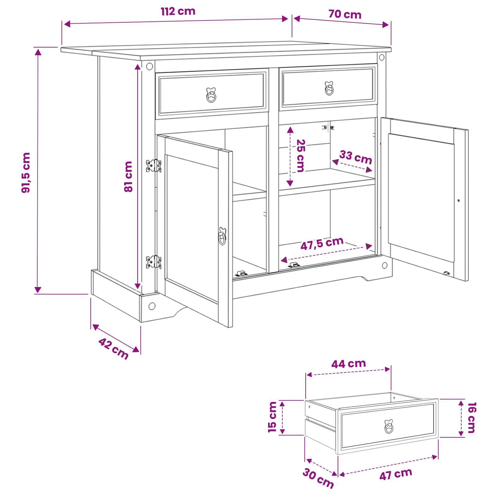 vidaXL Keuken Trolley met lade 2 pcs Honing Wax 112 x 70 x 91,5 cm