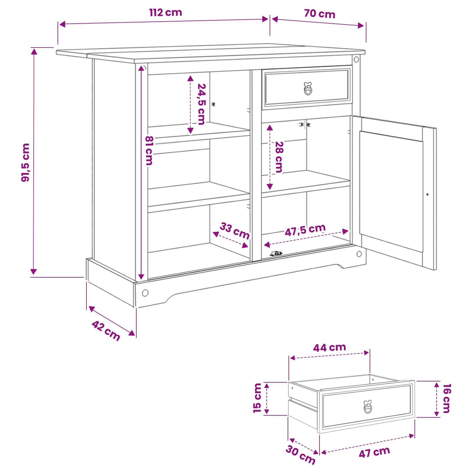 vidaXL Keuken Trolley met lade 2 pcs Honing Wax 112 x 70 x 91,5 cm
