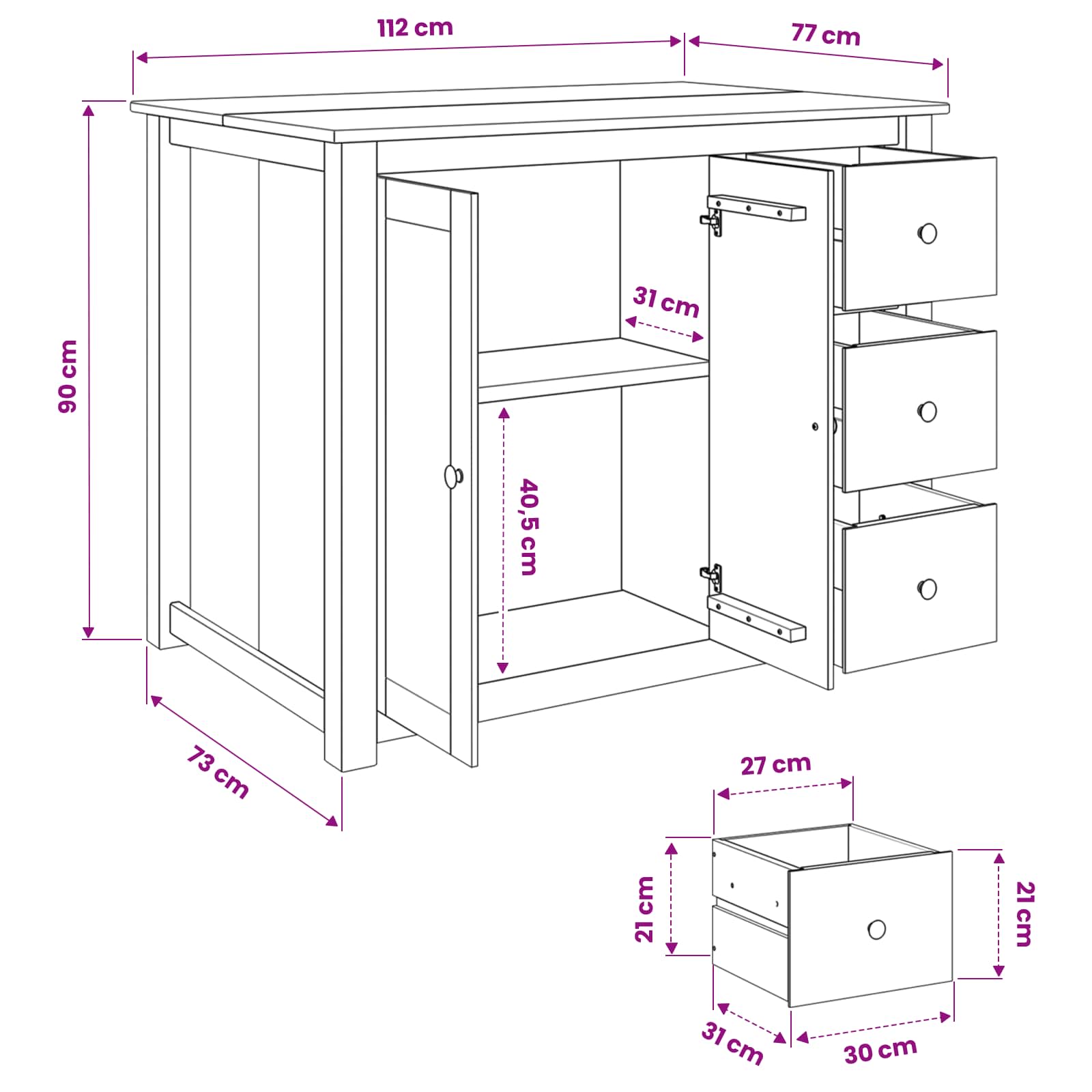 vidaXL Keuken Trolley PANAMA 2 pcs Honing Wax 112 x 77 x 90 cm