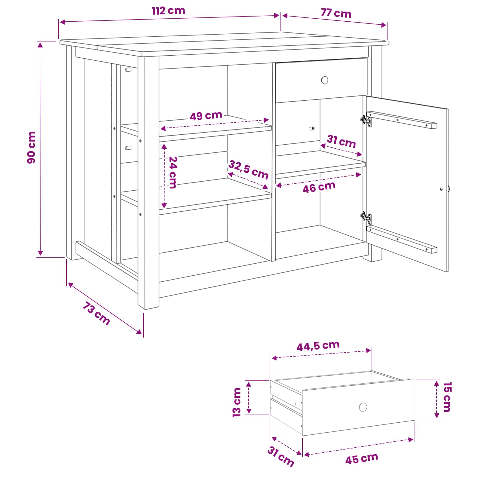 vidaXL Keuken Trolley PANAMA 2 pcs Honing Wax 112 x 77 x 90 cm