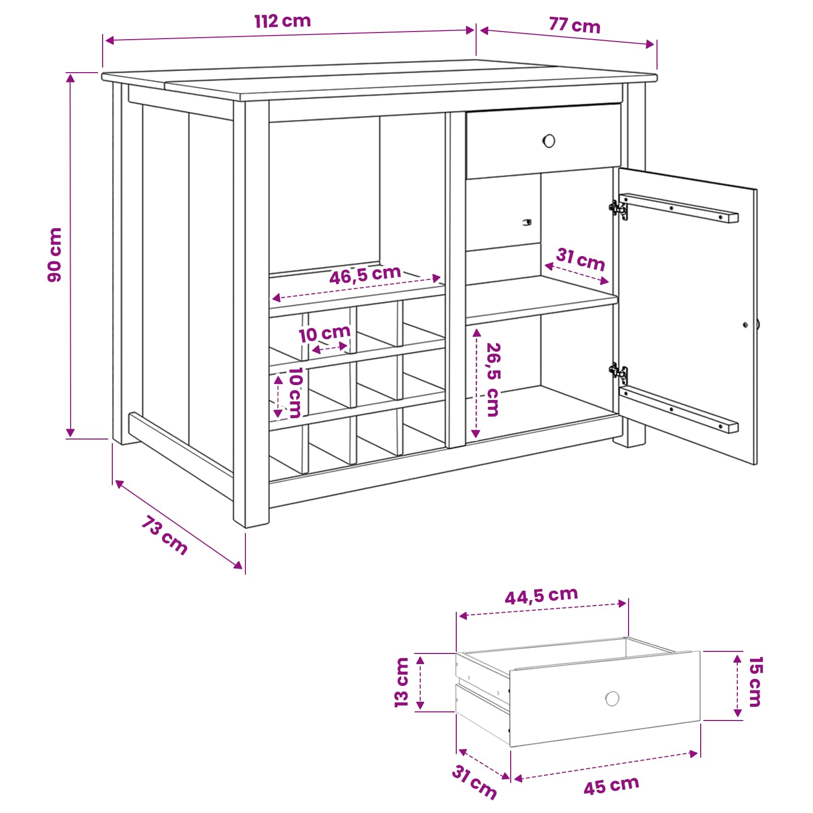 vidaXL Keuken Trolley PANAMA 2 pcs Honing Wax 112 x 77 x 90 cm