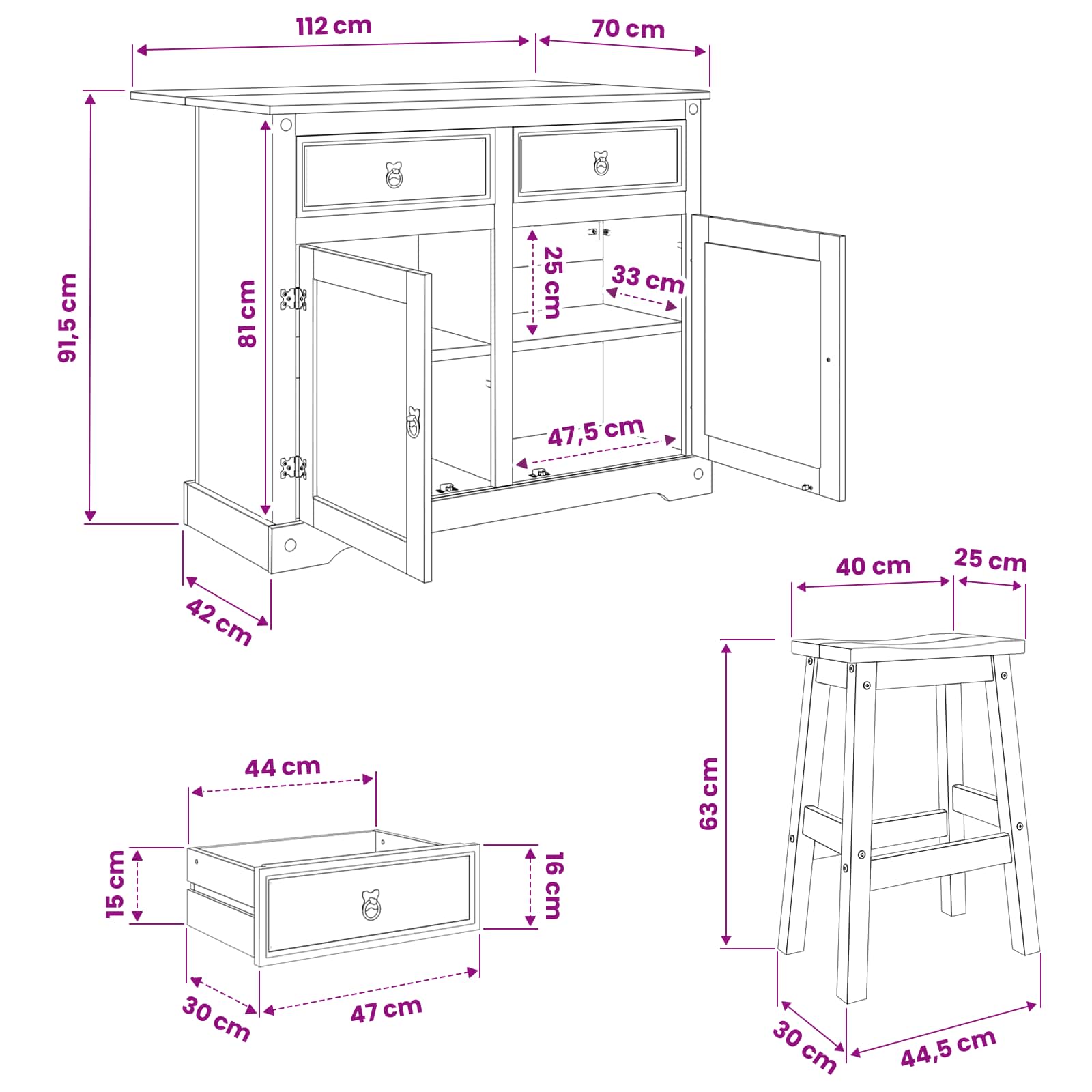 vidaXL Keuken Eiland Set met lade Corona 3 pcs Wit en Honing Was