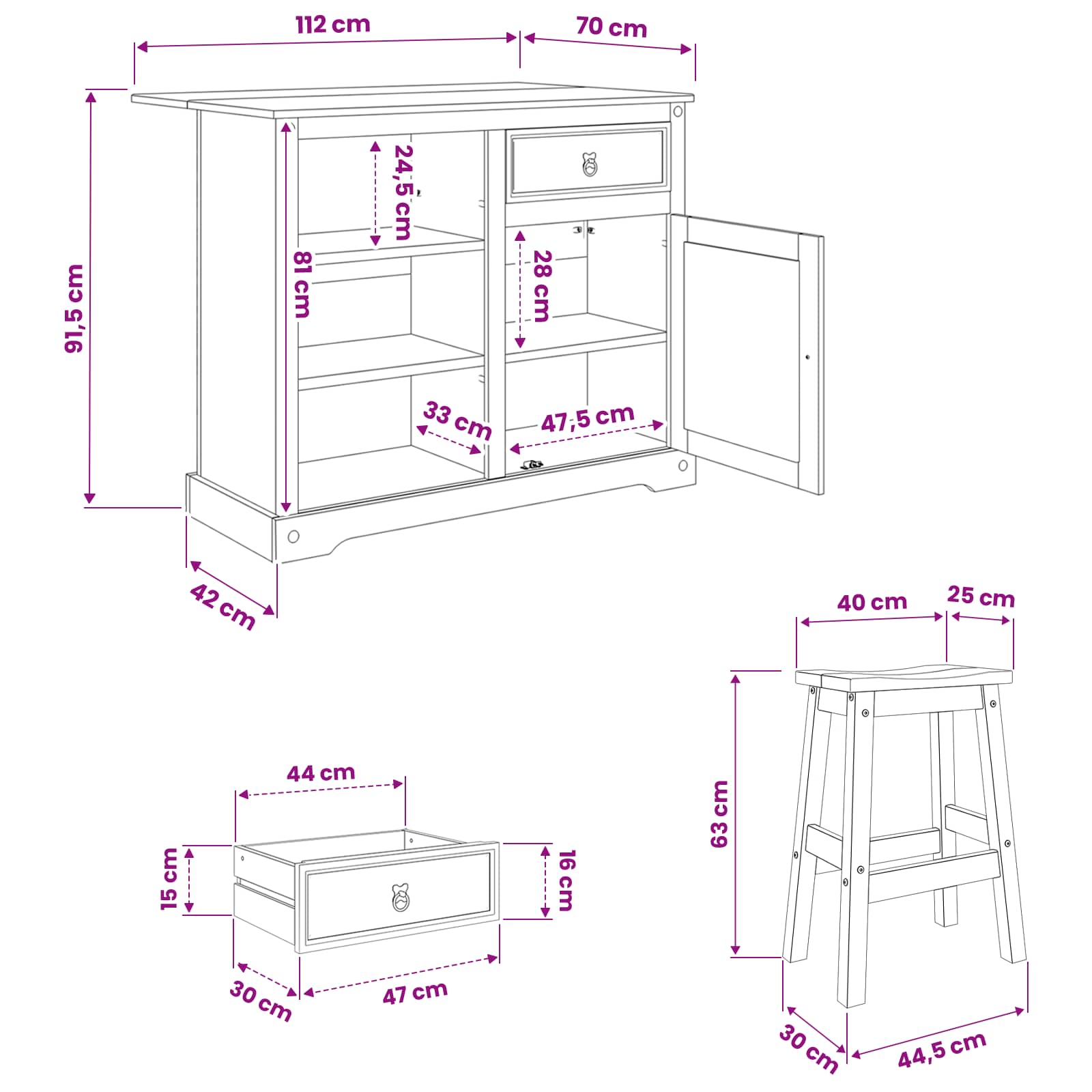 vidaXL Keuken Eiland Set met lade 3 pcs Honing Wax Massief dennenhout